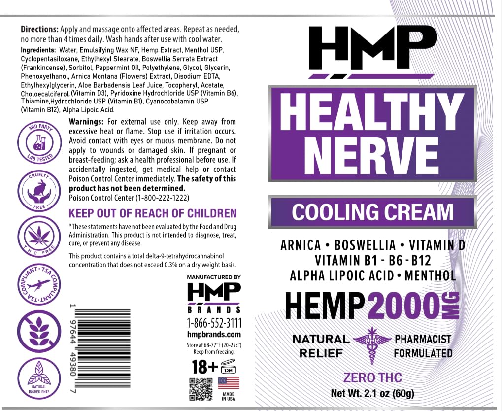 HMP BRANDS Neuropathy Cream Nerve Hemp Cream 2000mg Maximum Strength for Feet, Hands, Legs, Toes, Back. Natural Arnica, Vitamin D3 B1 B6 B12 w Menthol, Made in USA 2.1oz HMP BRANDS buy supplements canada