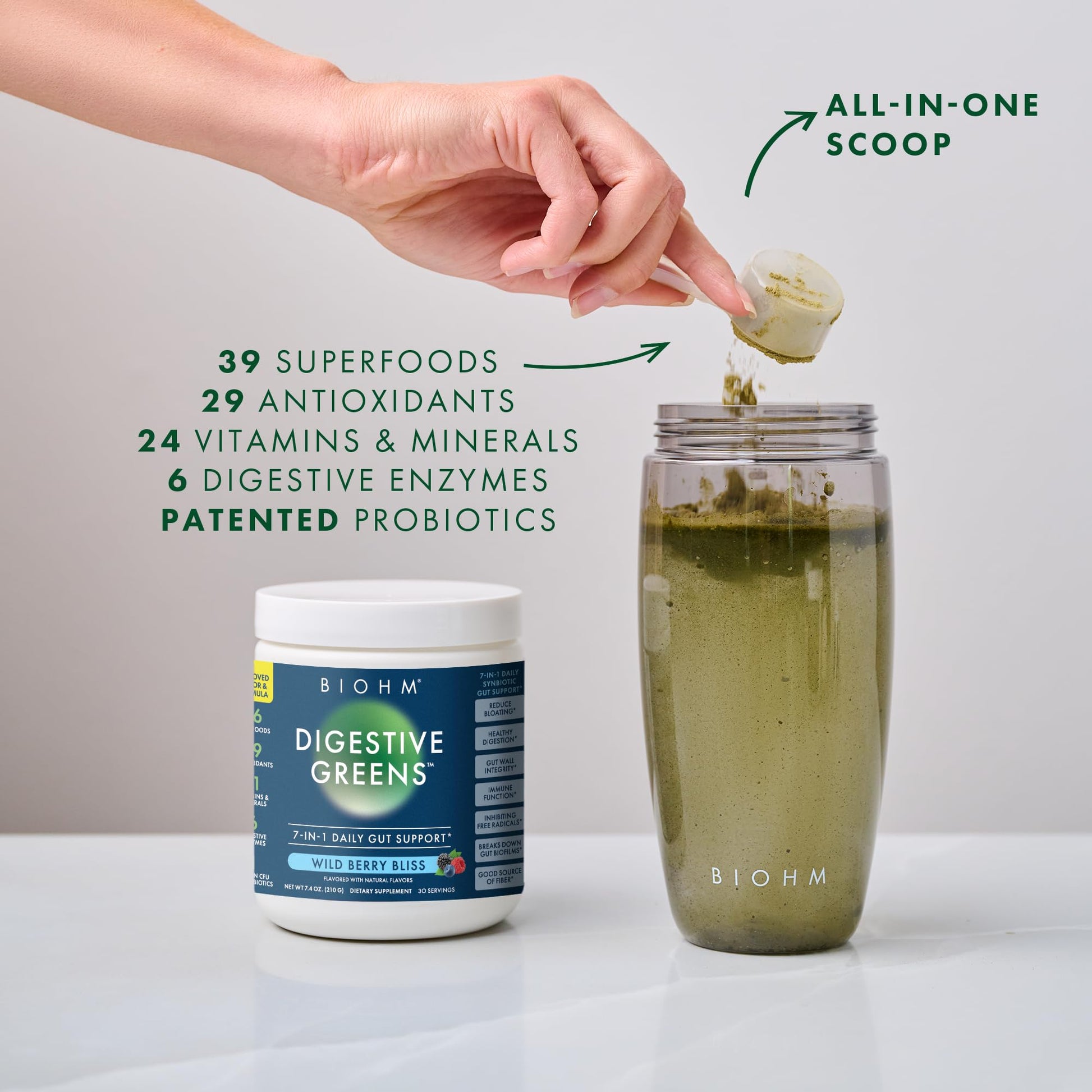 BIOHM Digestive Greens, Green Superfood Powder (7.4 Oz, 30 Servings) Immune & Gut Health Support with Antioxidants, Vitamins, Probiotics & Enzymes, Good Source of Fiber, Berry Flavor BIOHM buy supplements canada