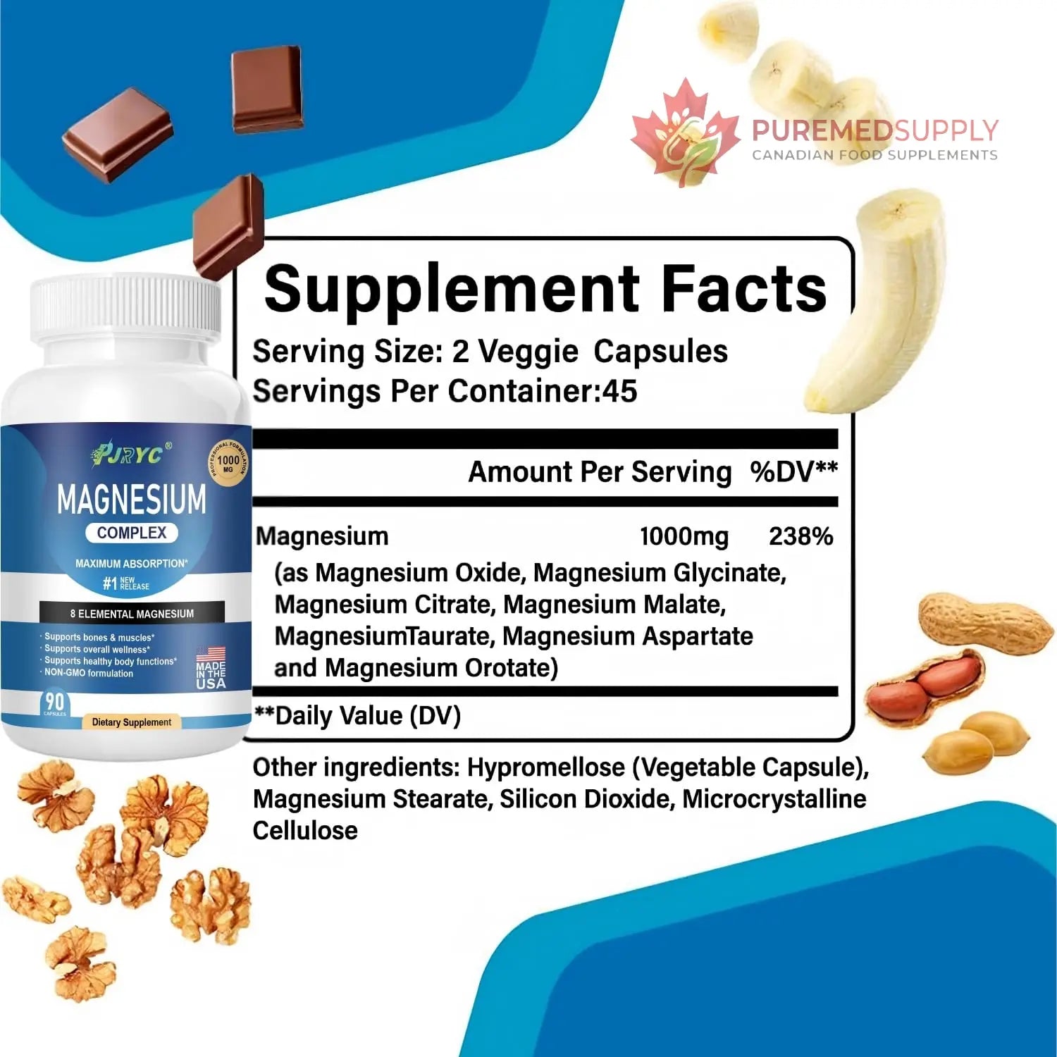 Magnesium Complex Supplement - 1000mg with 8 Magnesium Forms: Glycinate, Citrate, Malate, Taurate & Orotate - Supports Muscle Function, Bone Strength & Relaxation - Vegan, Non-GMO - 180 Capsules PJRYC buy supplements canada