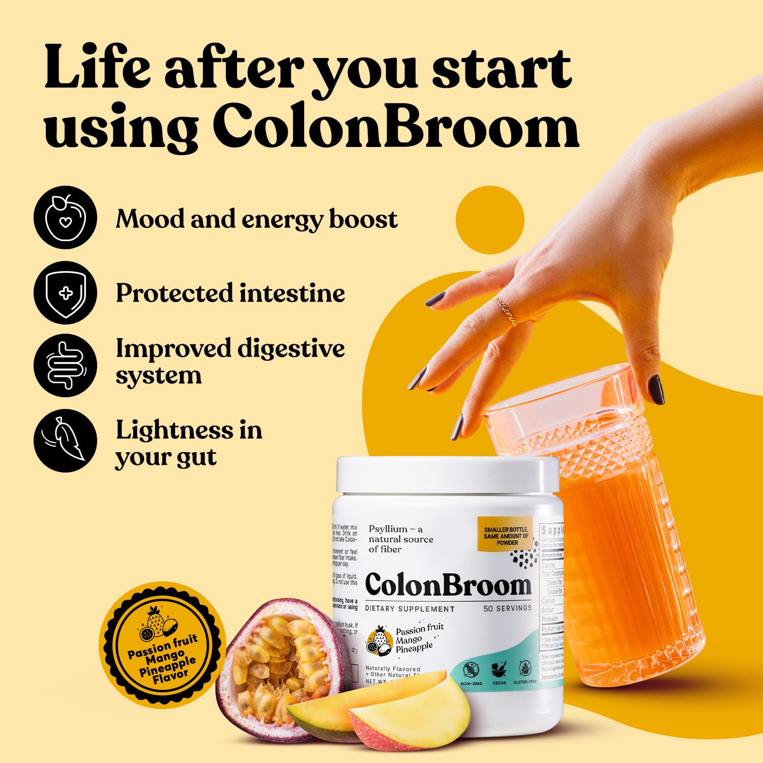 ColonBroom Psyllium Husk Powder with Stevia (Tropical Fruits) - Colon Cleanse for Bloating Relief & Gut Health - Colon Broom Fiber Powder Drink - Vegan Fiber Powder Stevia Supplement, 150 Servings ColonBroom buy supplements canada