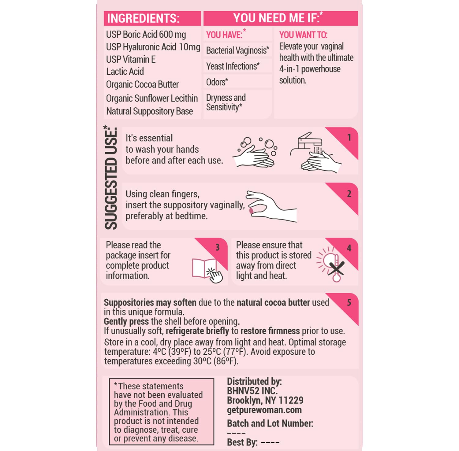 PURE WOMAN - pH-ighter Vaginal Boric Acid Suppositories for Women - Hyaluronic Acid - 4 in 1 Vaginal Suppositories for Discomfort, Dryness, Odor & pH Balance- Full Vaginal Health Care - 7pk PURE WOMAN buy supplements canada