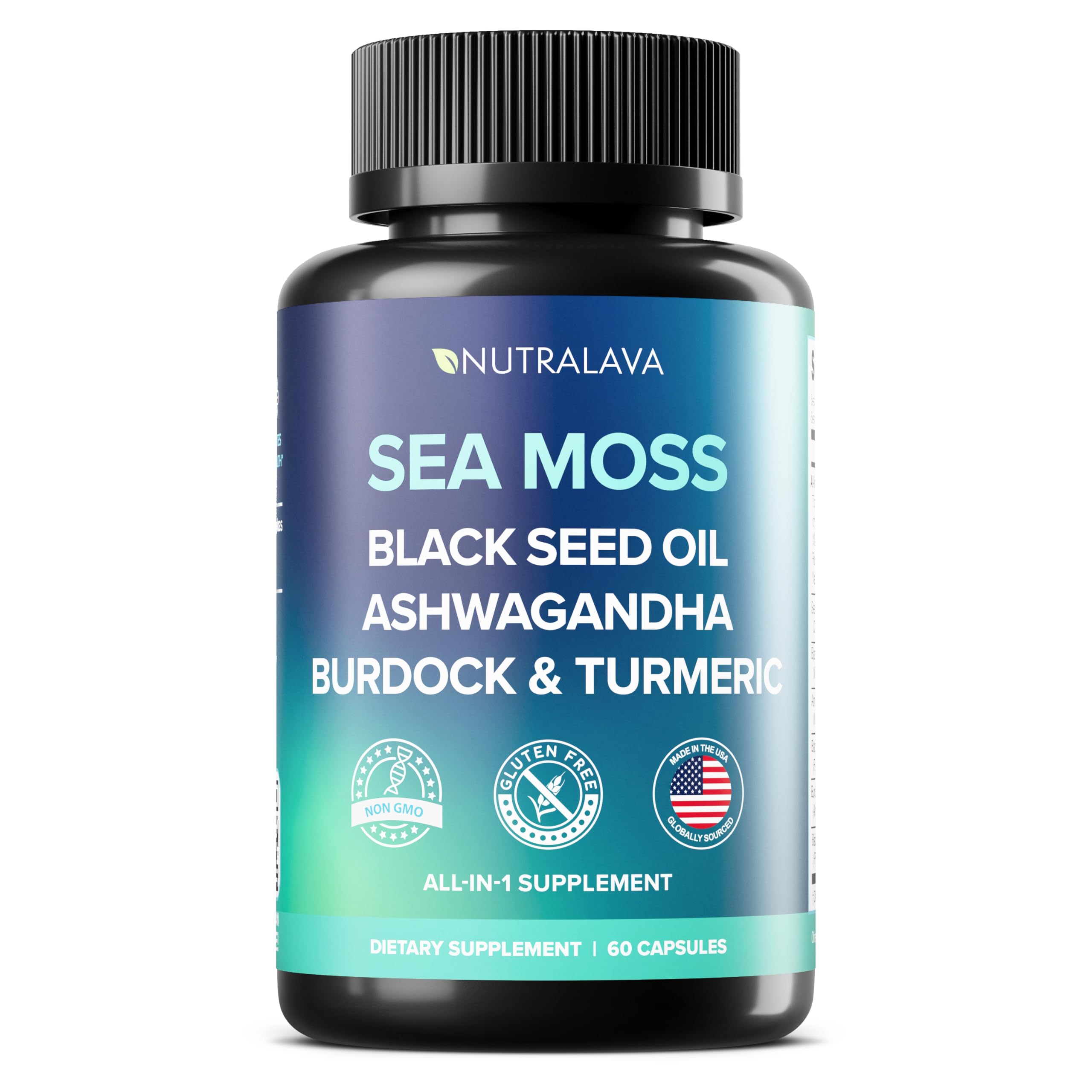 NUTRALAVA Sea Moss Pills, All-in-One Blend with Irish Sea Moss Black Seed Oil Ashwagandha, Sea Moss Capsules for Women and Men - Gluten-Free, Non-GMO, 60 Capsules NUTRALAVA buy supplements canada