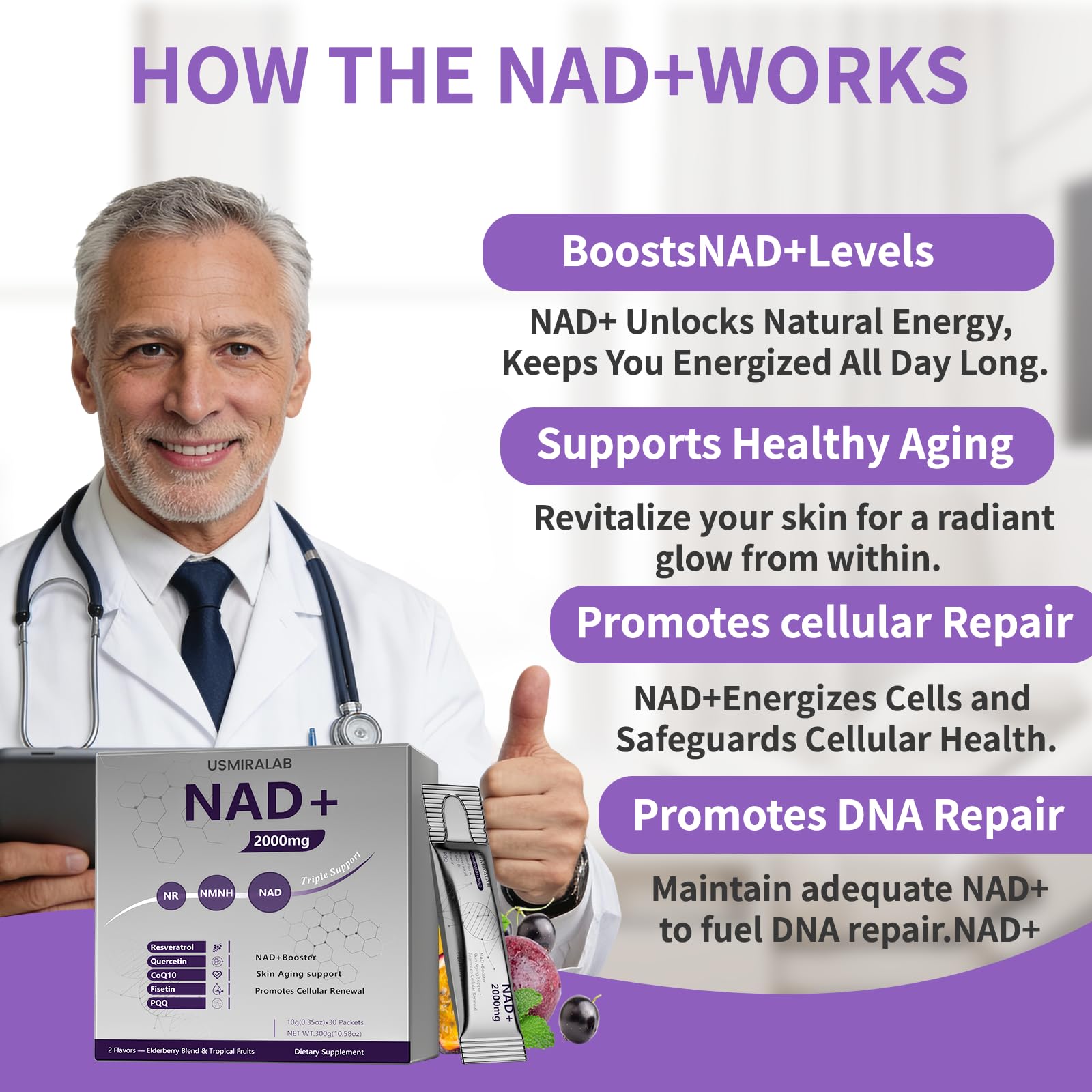 NAD+ Supplement Packets | 1000mg Liquid | Advanced Nicotinamide Riboside, Trans-Resveratrol, PQQ & Quercetin Complex for Cellular Energy & Healthy Aging Support - 2 Flavors (30 Count) USMIRALAB buy supplements canada