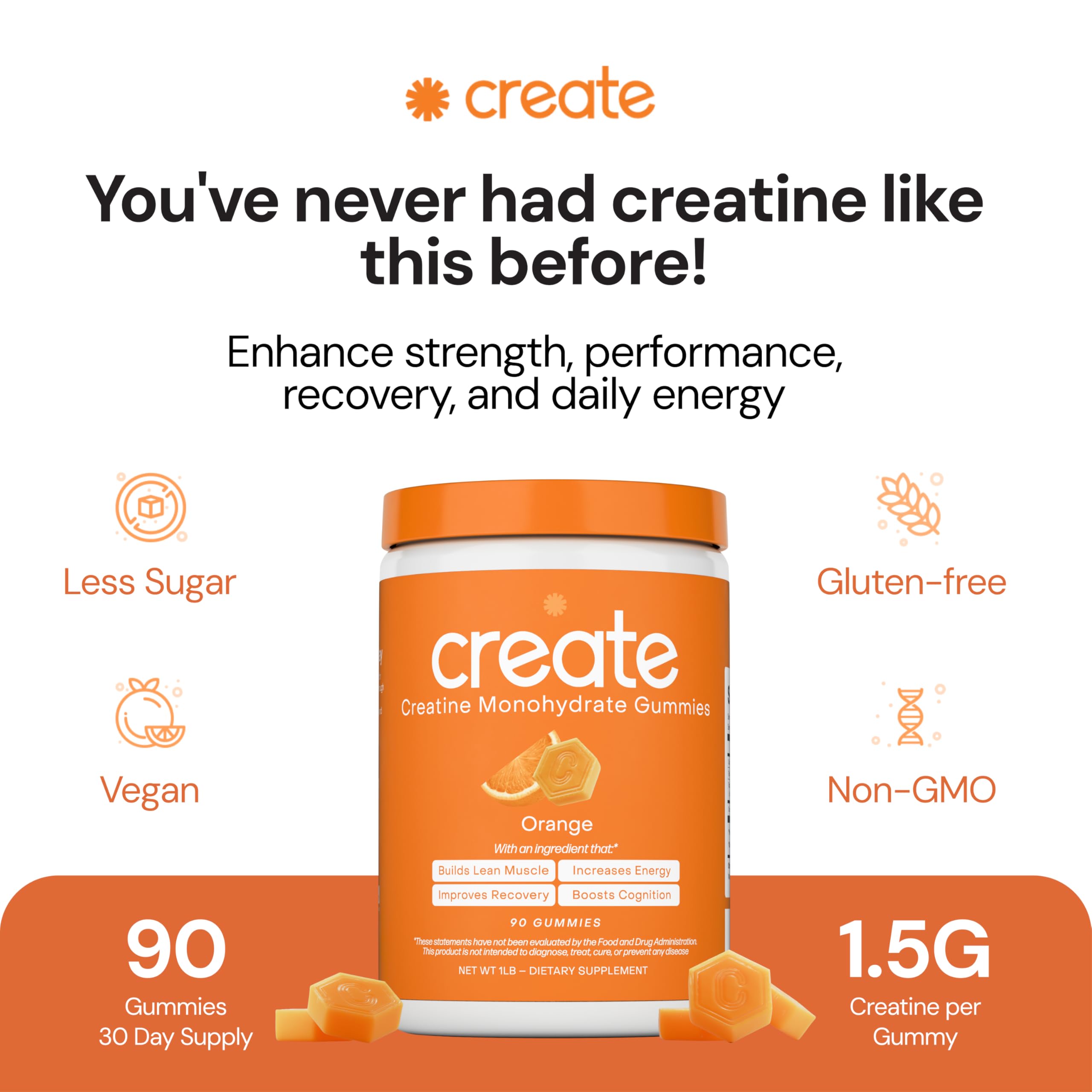 Create Creatine Monohydrate Gummies for Men & Women, Boost Focus, Strength, and Endurance, Anti-Melting Formula, Vegan, Gluten-Free, Non-GMO, 1.5g of Creatine per Gummy (Orange) Create buy supplements canada