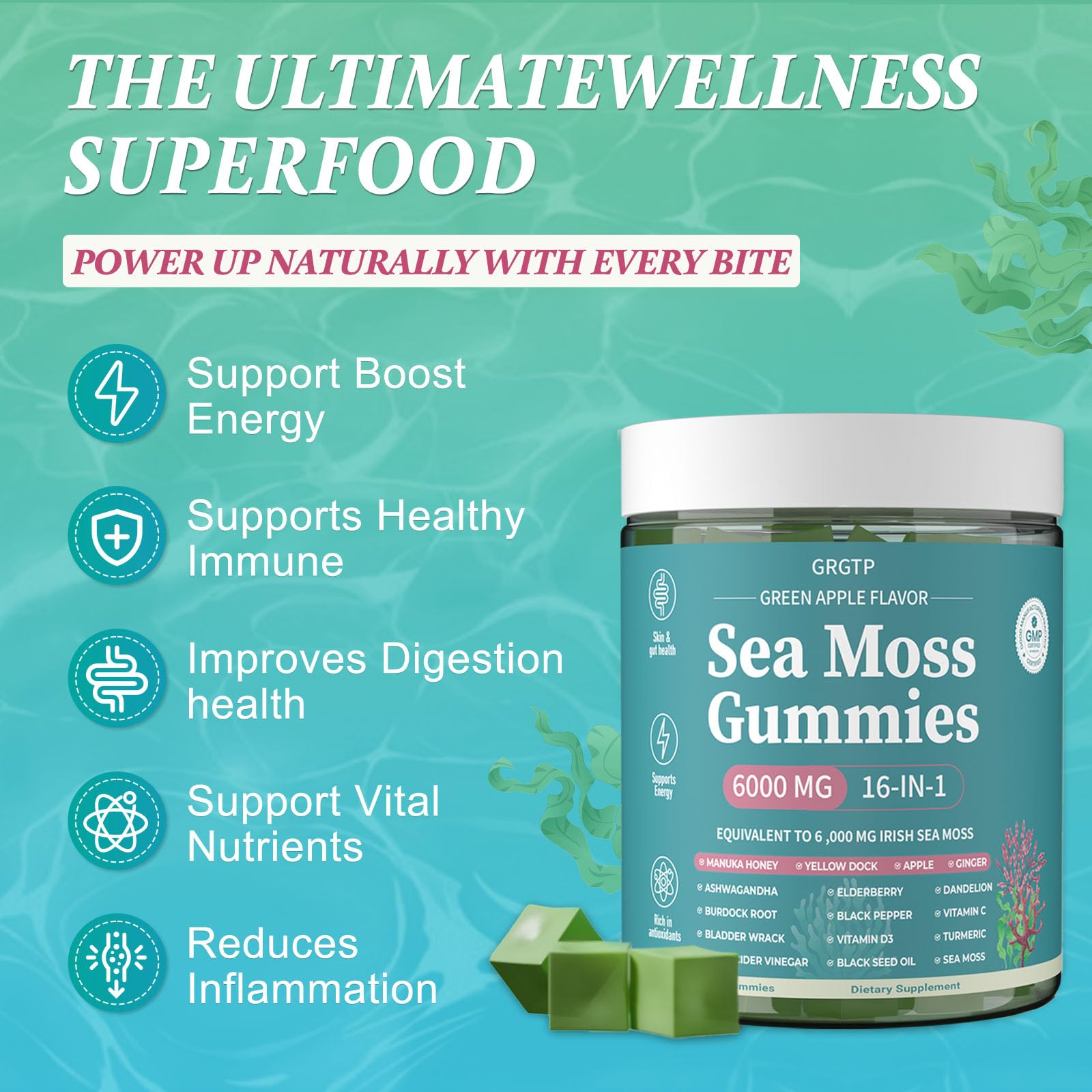 Sea Moss Gummies 16-in-1 - Ashwagandha Black Seed Oil Bladder Wrack Turmeric Vitamin C & D3 with Manuka Burdock Root Dandelion Yellow Dock Natural Detox & Liver Health Immune Support, Energy Boost GRGTP buy supplements canada
