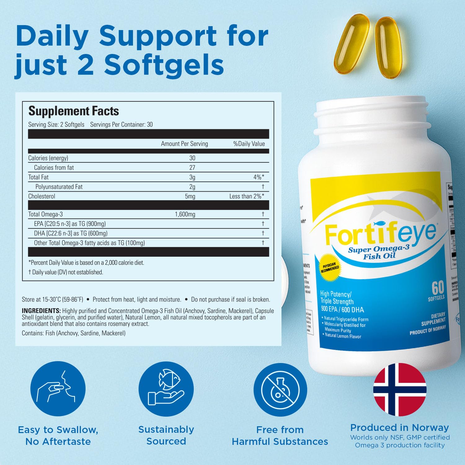 Omega 3 Fish Oil 60Count 1600 mg Made in Norway - High Potency Fish Oil Omega 3 Supplements Triglyceride Form with EPA and DHA Supplements for Women and Men No Fishy After Taste Natural Lemon Flavor Fortifeye Vitamins buy supplements canada