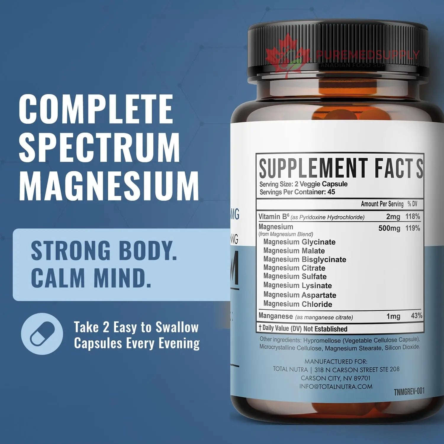 10-in-1 Magnesium Supplement 500 mg | High Absorption Magnesium Complex with Mag Glycinate, Citrate, Vitamin B6 Magnesium for Sleep, Muscle, Bone & Heart Health, Vegan & Gluten-Free, 45 Day Supply Total Nutra buy supplements canada