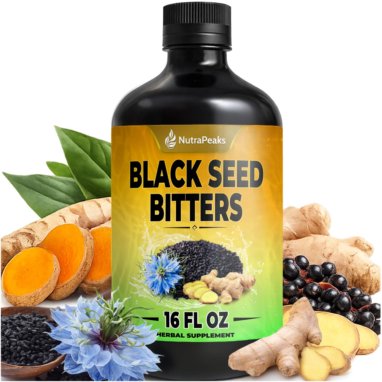 Black Seed Oil Bitters Liquid - Premium Herbal Blend with Black Seed Extract, Curcumin (Turmeric Extract), Ashwagandha, Elderberry, Probiotics, Vitamin C, Zinc...16 fl oz | Natural Botanical Blend NutraPeaks buy supplements canada