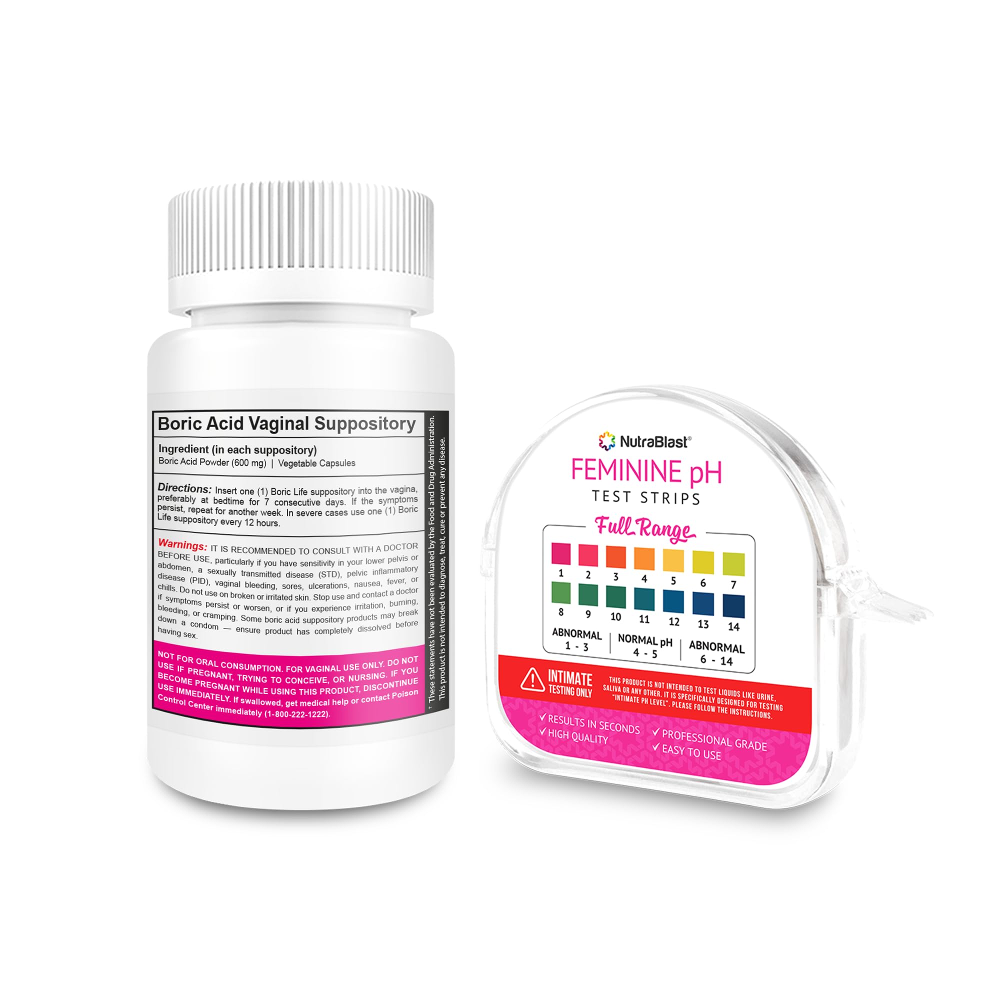 NutraBlast Boric Acid Vaginal Suppositories 600mg (30 Count) & Feminine pH Test Strips 1-14 (100-Tests Roll) | Monitor Feminine Intimate Health | Acidity & Alkalinity Balance NutraBlast buy supplements canada