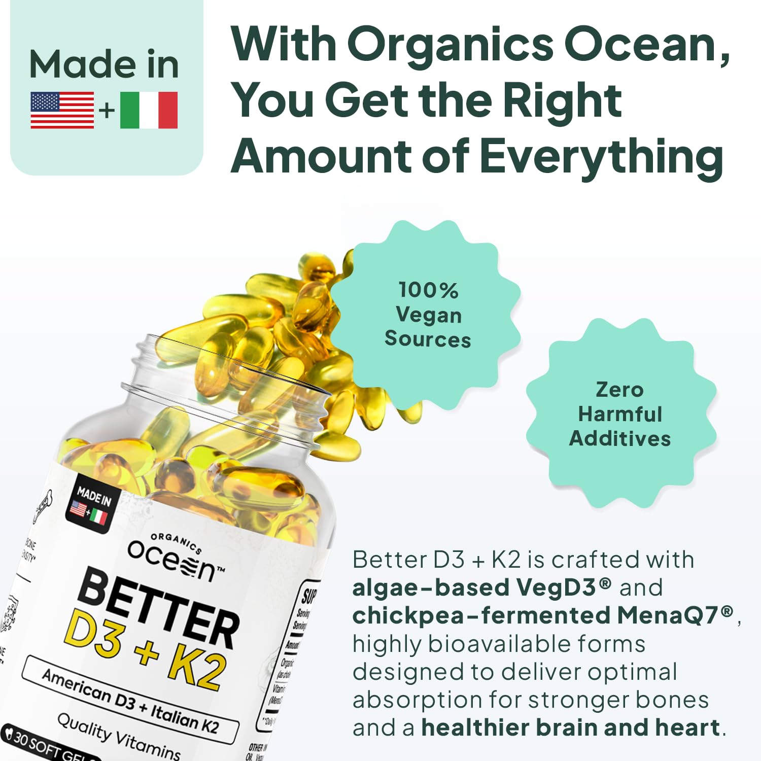 Organics Ocean Better D3 + K2-100% Organic VIT D3 and K2 Supplements with Maximum Bioavailability - Supports Bone Density, Calcium Balance Organics Ocean buy supplements canada