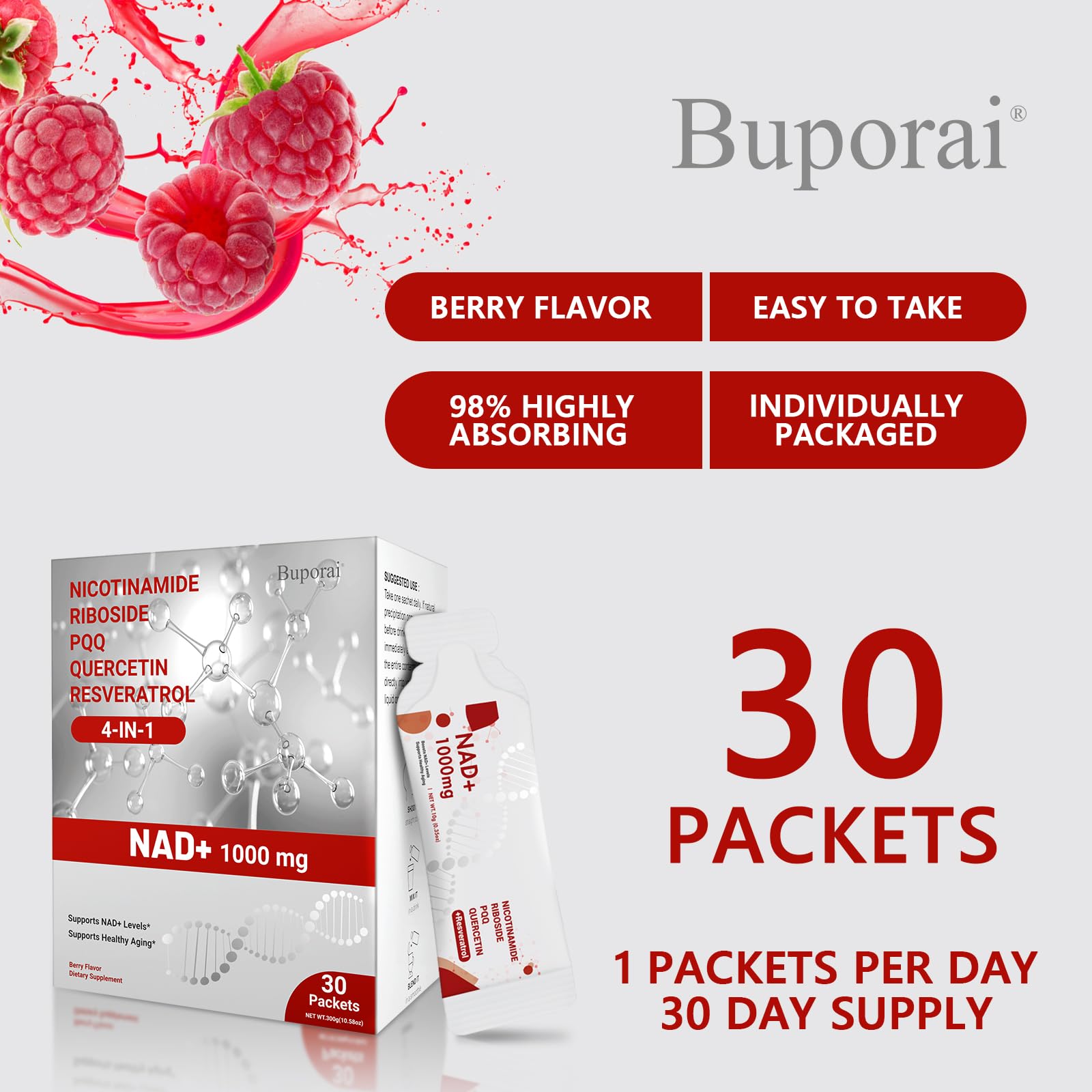 Buporai NAD Supplement 1000 mg Liquid Packets - NAD Supplements for Women & Men with Nicotinamide Riboside, Resveratrol, PQQ, Quercetin - NMNH Supplement Alternative for Anti-Aging, Energy-30 Packets Buporai buy supplements canada