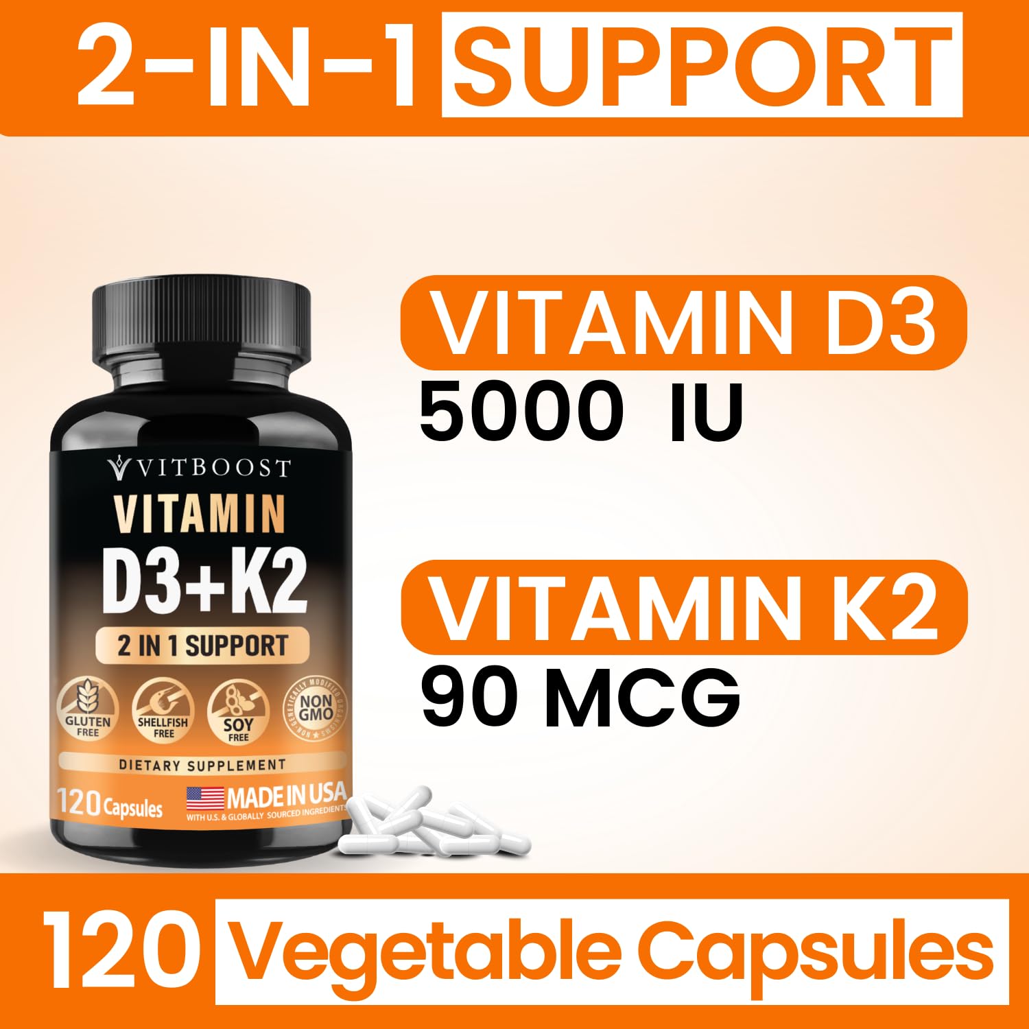 VITBOOST Vitamin D3 K2 Complex - Easy to Swallow - Vitamin D (D3) 5000 IU (125 mcg) & K2(MK-7) 90 mcg | Non-GMO | Gluten-Free VITBOOST buy supplements canada