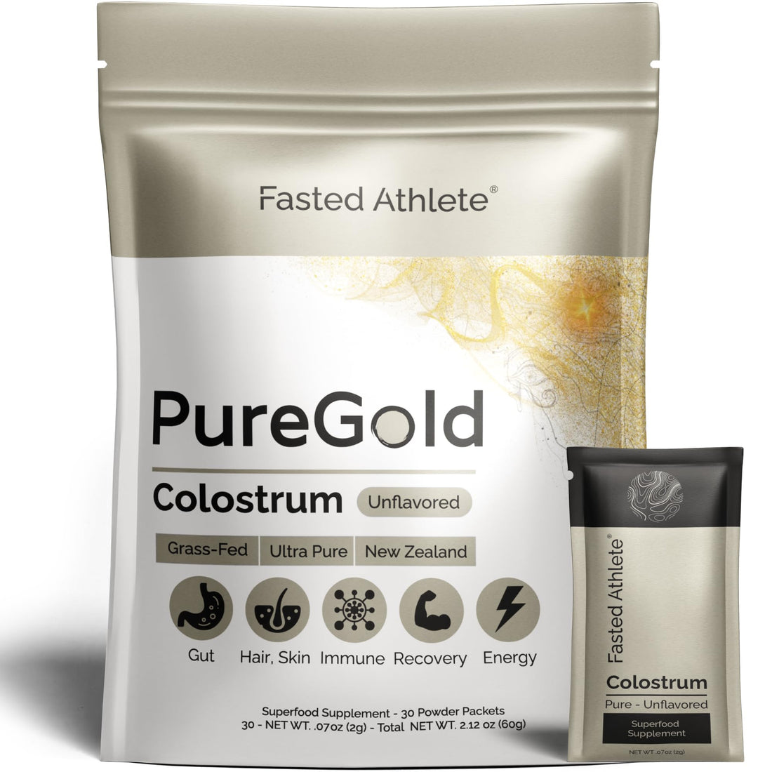 PureGold - Bovine Colostrum Powder - 100% Pure New Zealand Grass Fed, Supports Gut Health, Skin, Hair, & Immunity – Colostrum Supplement, Unflavored, 30 Travel Packets Fasted Athlete buy supplements canada