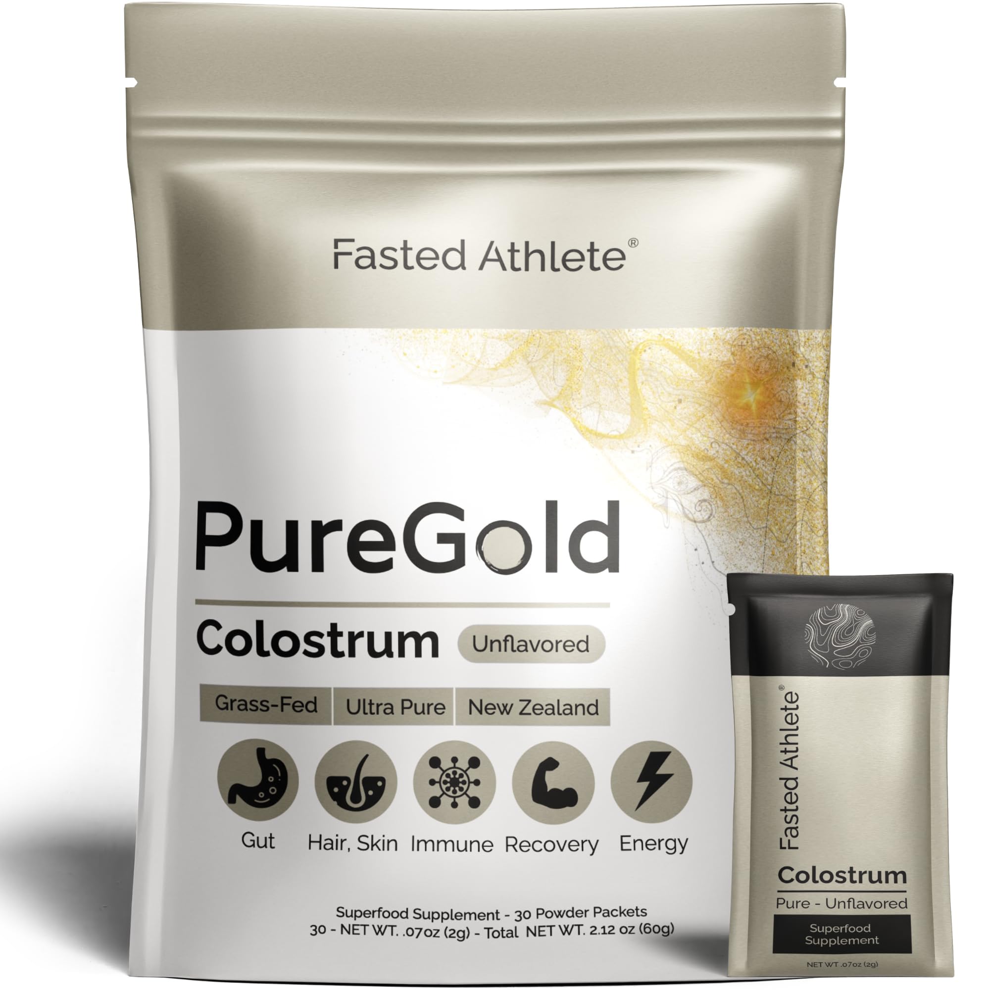PureGold - Bovine Colostrum Powder - 100% Pure New Zealand Grass Fed, Supports Gut Health, Skin, Hair, & Immunity – Colostrum Supplement, Unflavored, 30 Travel Packets Fasted Athlete buy supplements canada