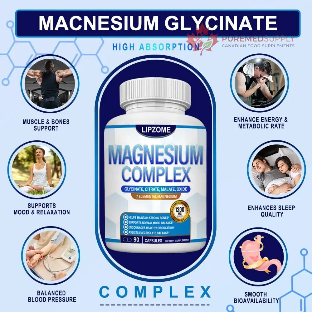 Magnesium Complex Supplement 1200mg - Advanced 7-in-1 Magnesium Blend - Glycinate, Citrate, Malate, Taurate, Oxide, Aspartate, Orotate – High Absorption Formula – Non-GMO, 90 Capsules Lipzome buy supplements canada