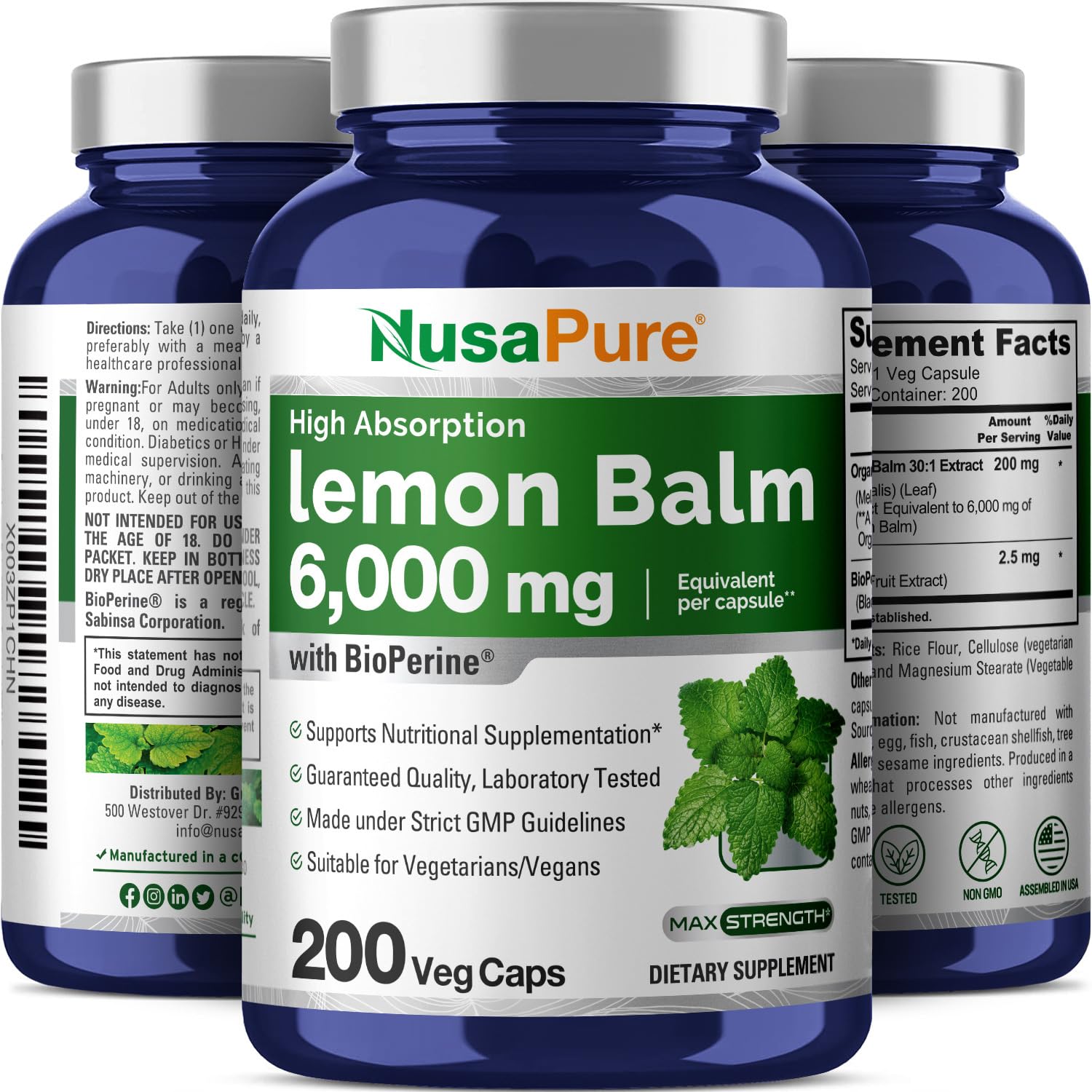 NusaPure Lemon Balm 30:1 Extract, 200 mg Equivalent to 6000mg Per Vegan Caps - 200 Count Non-GMO, Vegan Bioperine NusaPure buy supplements canada