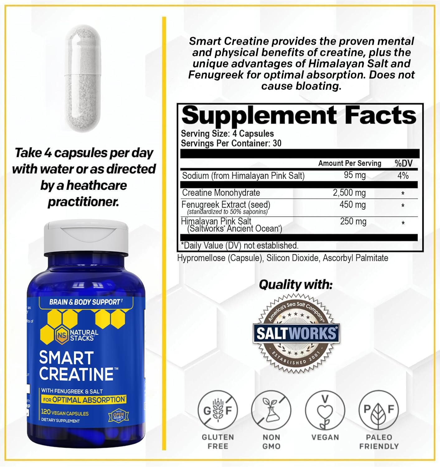 Creatine Monohydrate - 2500mg Creatine Pills - 450mg Fenugreek Extract & 250mg Himalayan Pink Salt - Supports Brain Health, Endurance & Muscle Building - Advanced Absorption Formula - 120 Capsules NATURAL STACKS buy supplements canada