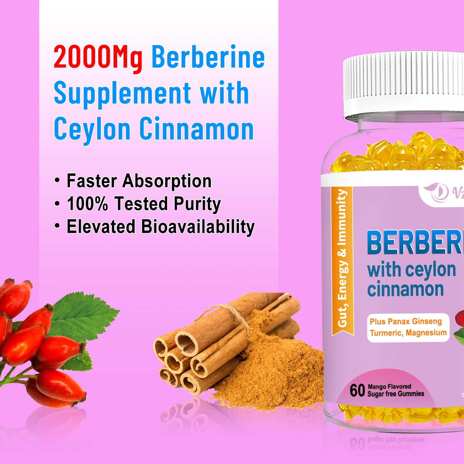 2 Pack Berberine with Ceylon Cinnamon Gummies, 2000mg High Potency Berberine HCI VZOXAINS buy supplements canada