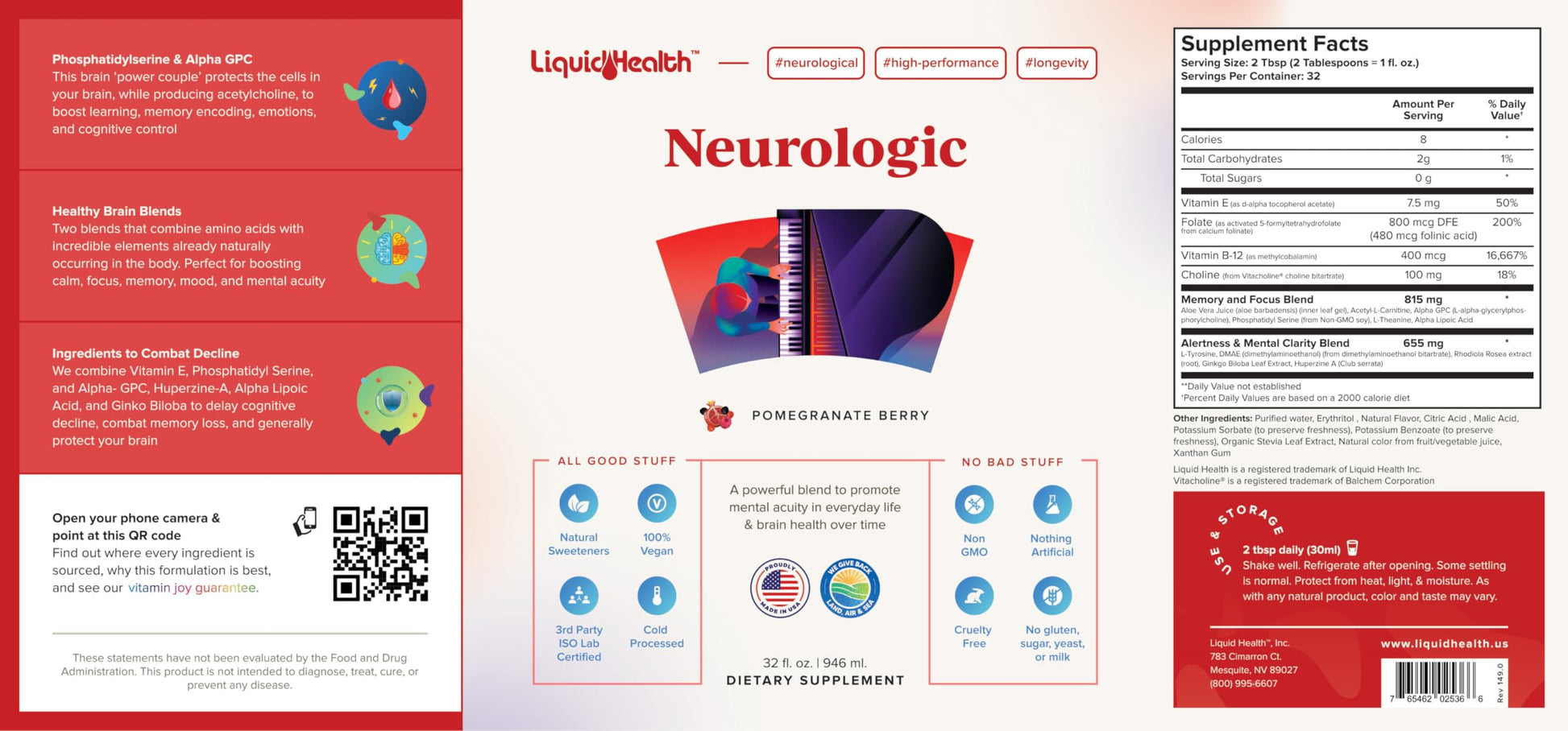 LIQUIDHEALTH Neurologic Focus Supplement - Brain Booster Nootropic Supplement for Cognitive Function, Memory & Focus with Ginkgo Biloba, Choline, L-Theanine & Phosphatidylserine - USA Made (2 Pack) LIQUIDHEALTH buy supplements canada