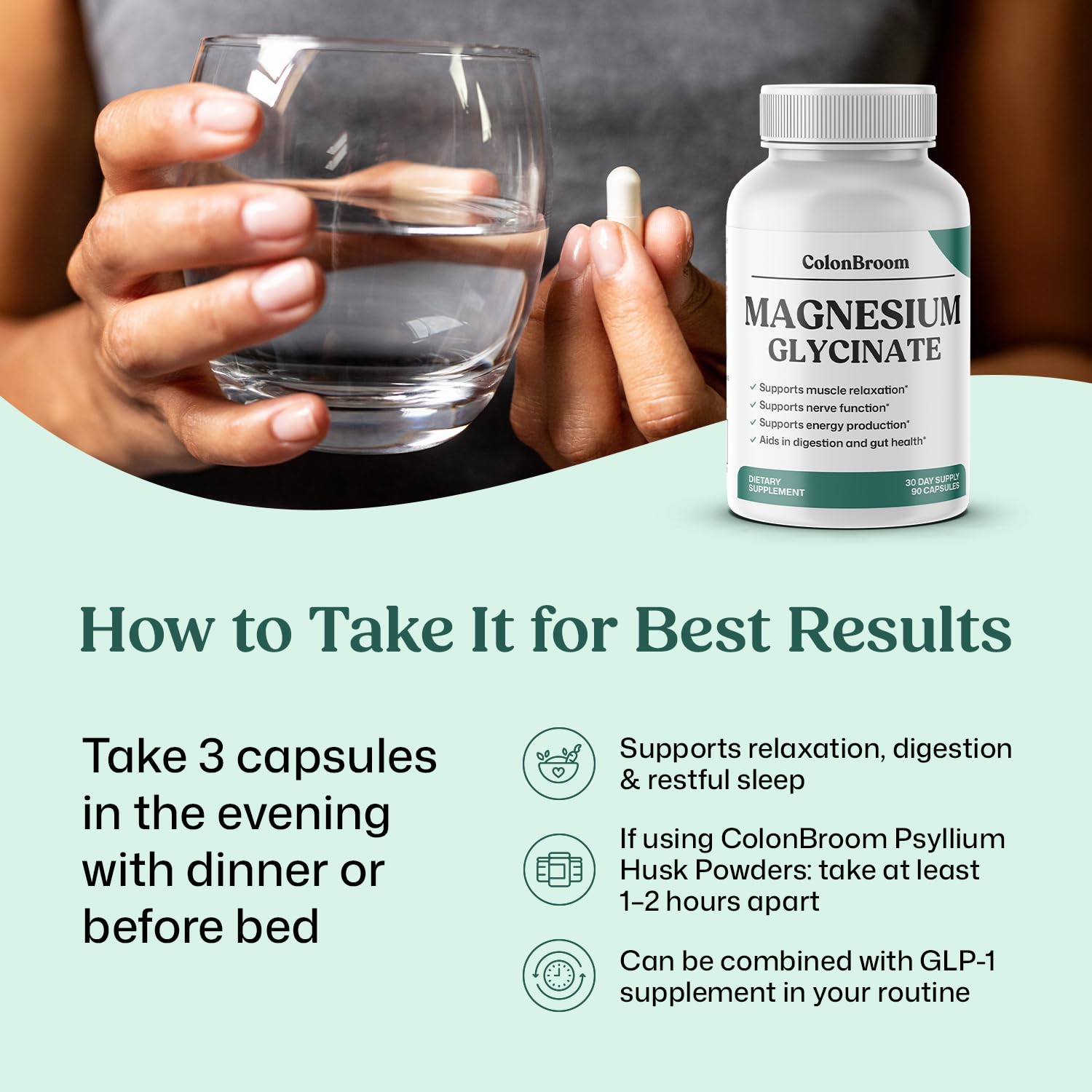 ColonBroom Pure Magnesium Glycinate Capsules | Supplement for Sleep, Heart & Muscle Support | Non-GMO, Gluten Free, Vegan & Sugar-Free | 1 Month Supply (90 Capsules) ColonBroom buy supplements canada