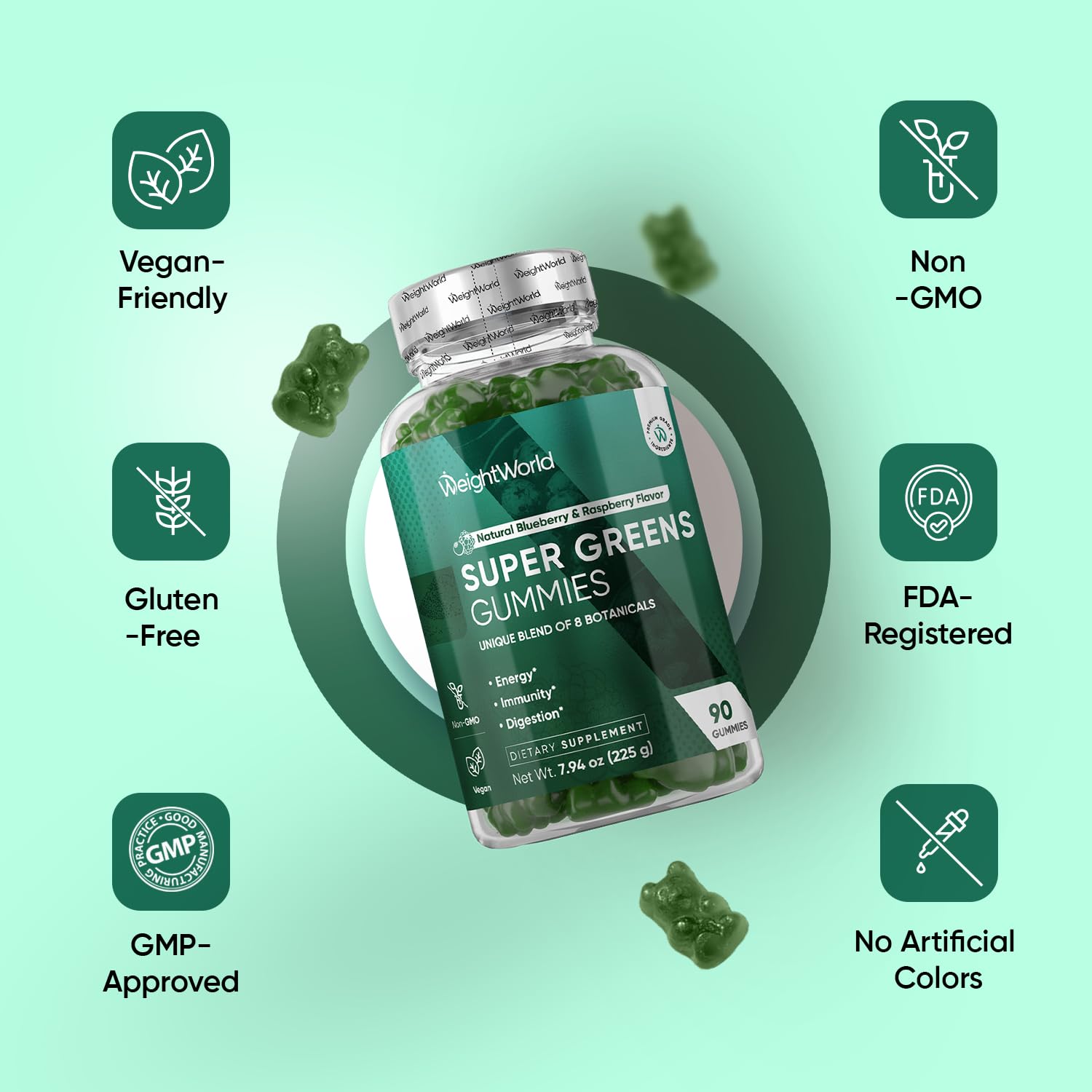 WeightWorld Super Greens Gummies - Energy, Immunity & Digestion - 45-Day Supply - Vegan Daily Greens Supplements (Moringa, Broccoli, Spinach) - Added Vitamins & Minerals - 90 Superfood Gummies WeightWorld buy supplements canada