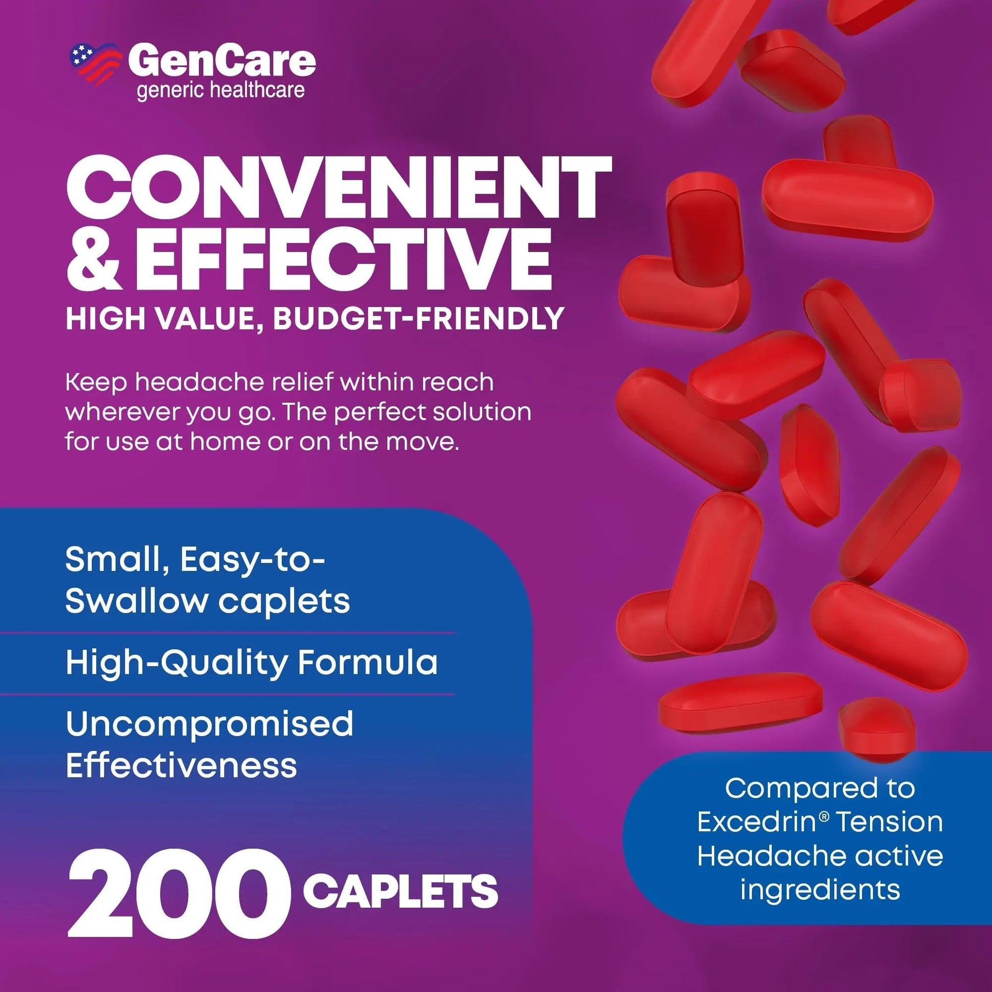 GenCare - Tension Headache Relief Pain Reliever with Acetaminophen 500 mg & Caffeine 65 mg (200 Caplets) Best Value Bulk Extra Strength for Head, Migraine, Joint Pain & Body Ache Relief Medicine GenCare buy supplements canada
