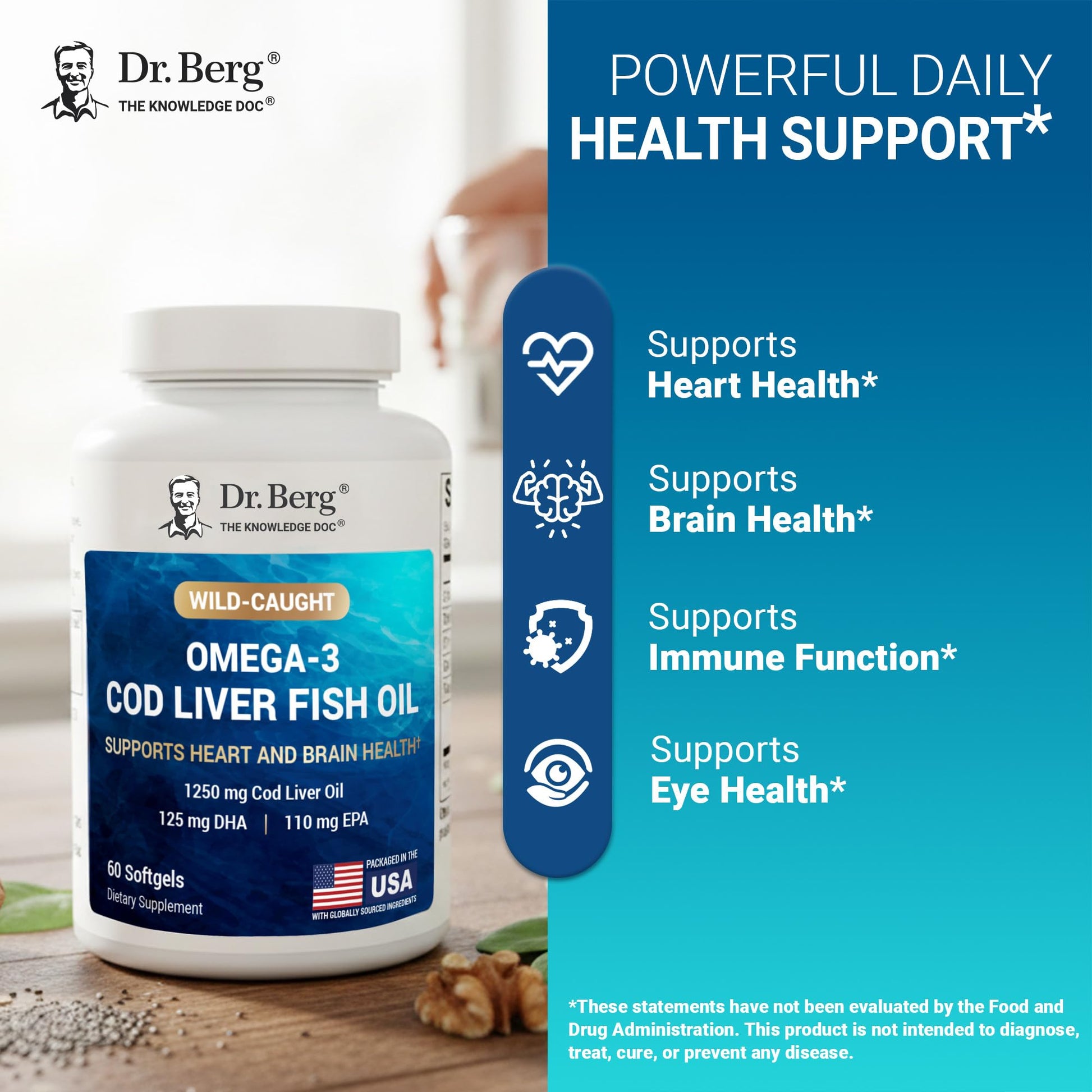 Dr. Berg Omega-3 Cod Liver Fish Oil 60 Softgels – Wild-Caught Icelandic Cod – Omega 3 EPA & DHA – Heart, Brain, Immune & Eye Support* – Lemon Flavor – 4X Lab-Tested – Non-GMO, No Fillers Dr. Berg Nutritionals buy supplements canada