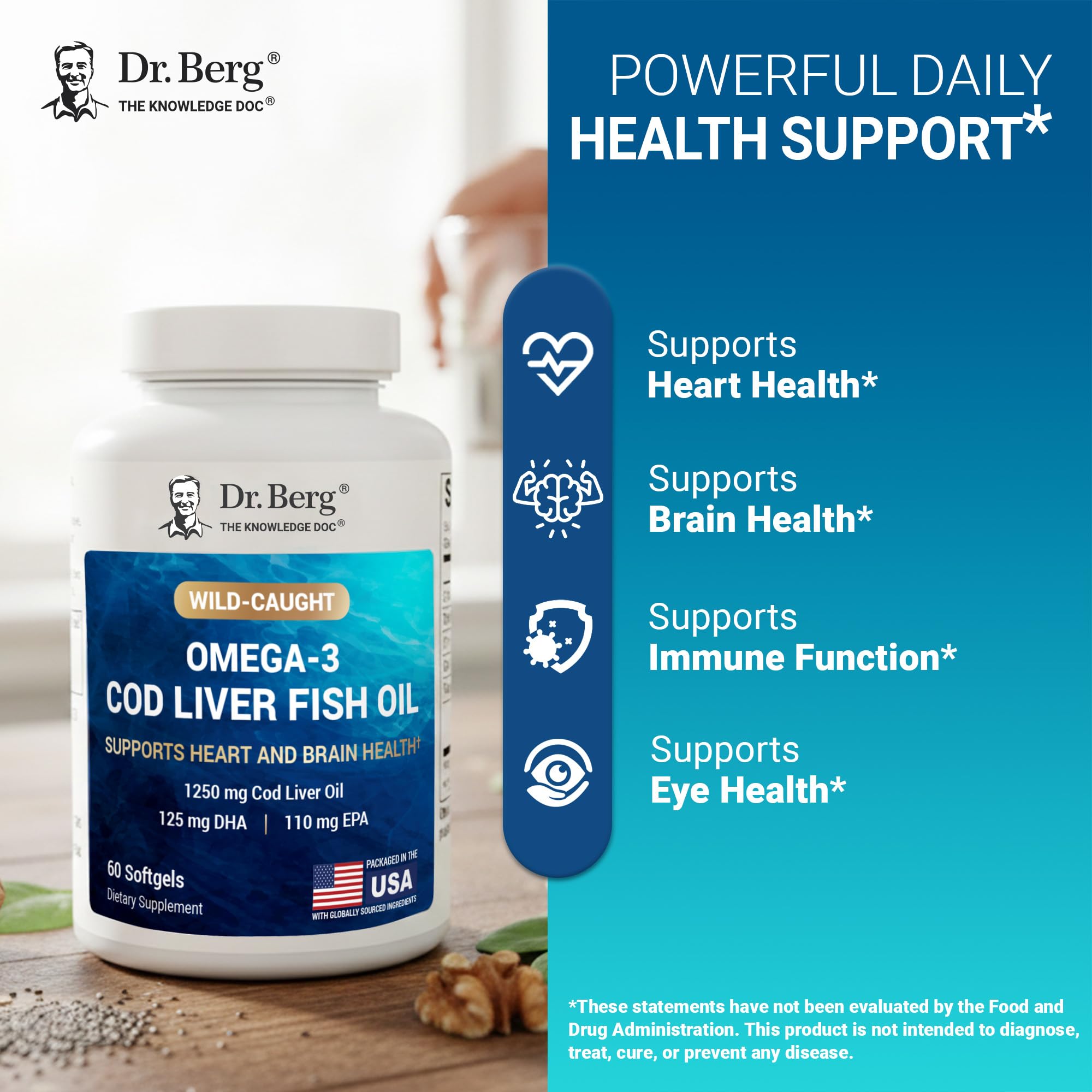 Dr. Berg Omega-3 Cod Liver Fish Oil 60 Softgels – Wild-Caught Icelandic Cod – Omega 3 EPA & DHA – Heart, Brain, Immune & Eye Support* – Lemon Flavor – 4X Lab-Tested – Non-GMO, No Fillers Dr. Berg Nutritionals buy supplements canada