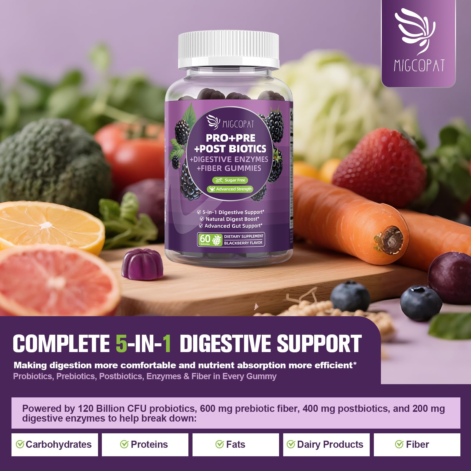 Migcopat Pre Post Probiotics Gummies, 5 in 1 Probiotic Prebiotic Postbiotic Digestive Enzymes with Fiber, 120 Billion CFU Probiotics Complete Gut Support, Sugar Free, Vegan, BlackBerry Flavor, 60 Cts Migcopat buy supplements canada