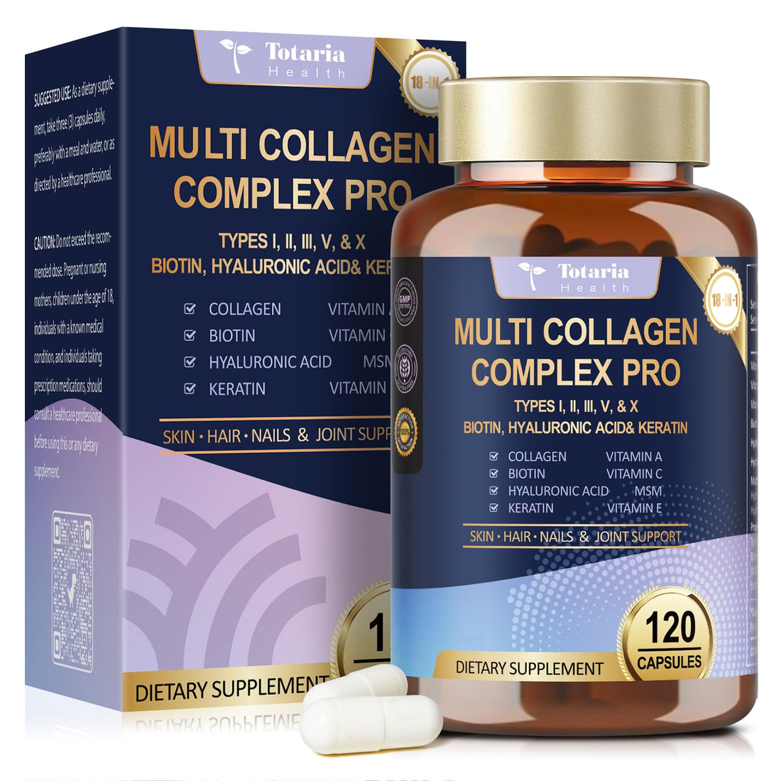 18-in-1 Collagen Pro with Hyaluronic Acid, Keratin, Biotin, VIT A C & E for Skin, Hair, Nails, Joint & Beauty - Multi Collagen Peptides Capsules Totaria buy supplements canada