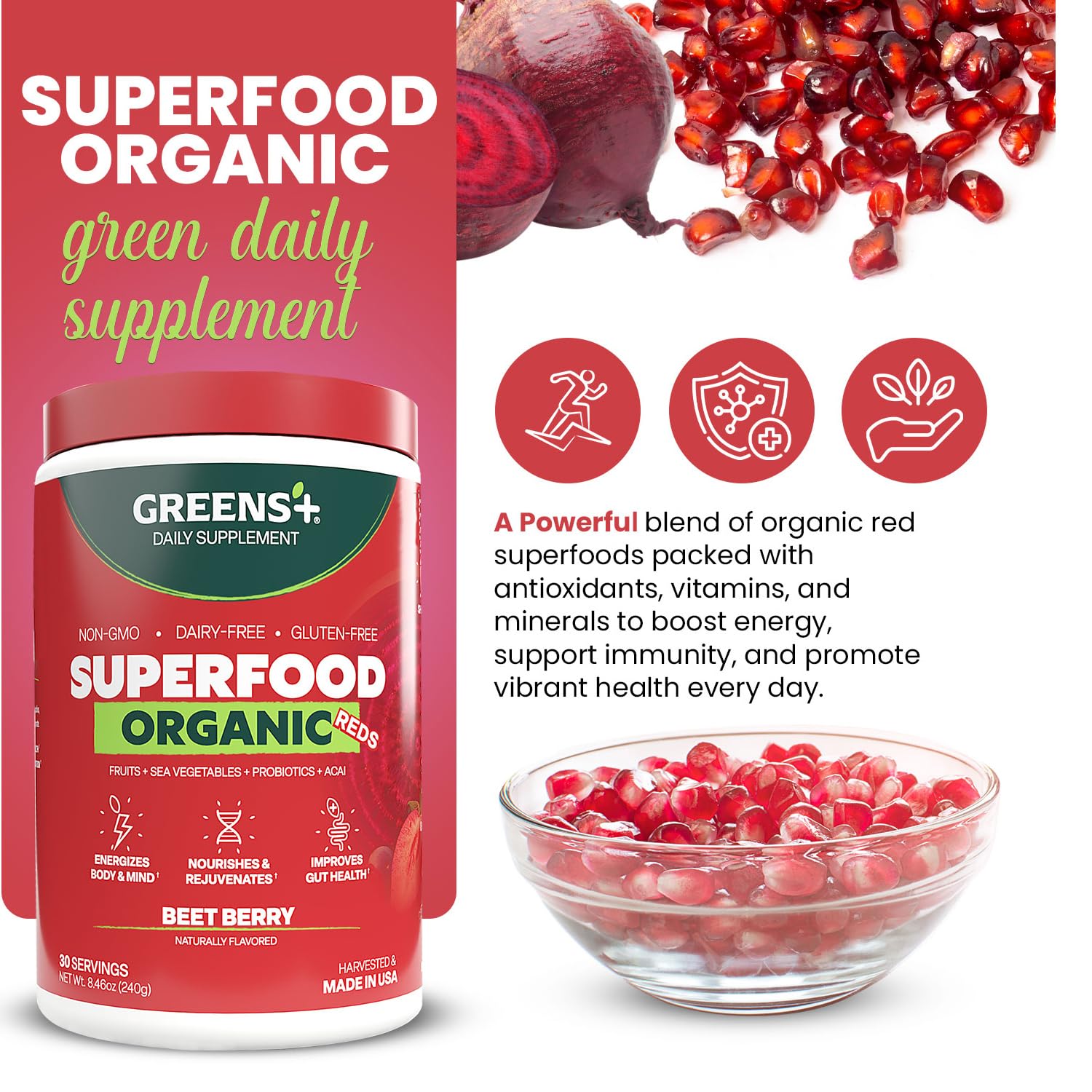Greens+ Organic Reds Superfood Powder, Antioxidant, Polyphenol, Blend for Morning Kick, Energy, Vitality Boost, Nutrition, Vibrant Health, Vegan Soy/Dairy/Gluten Free(8.46oz) Greens+ buy supplements canada