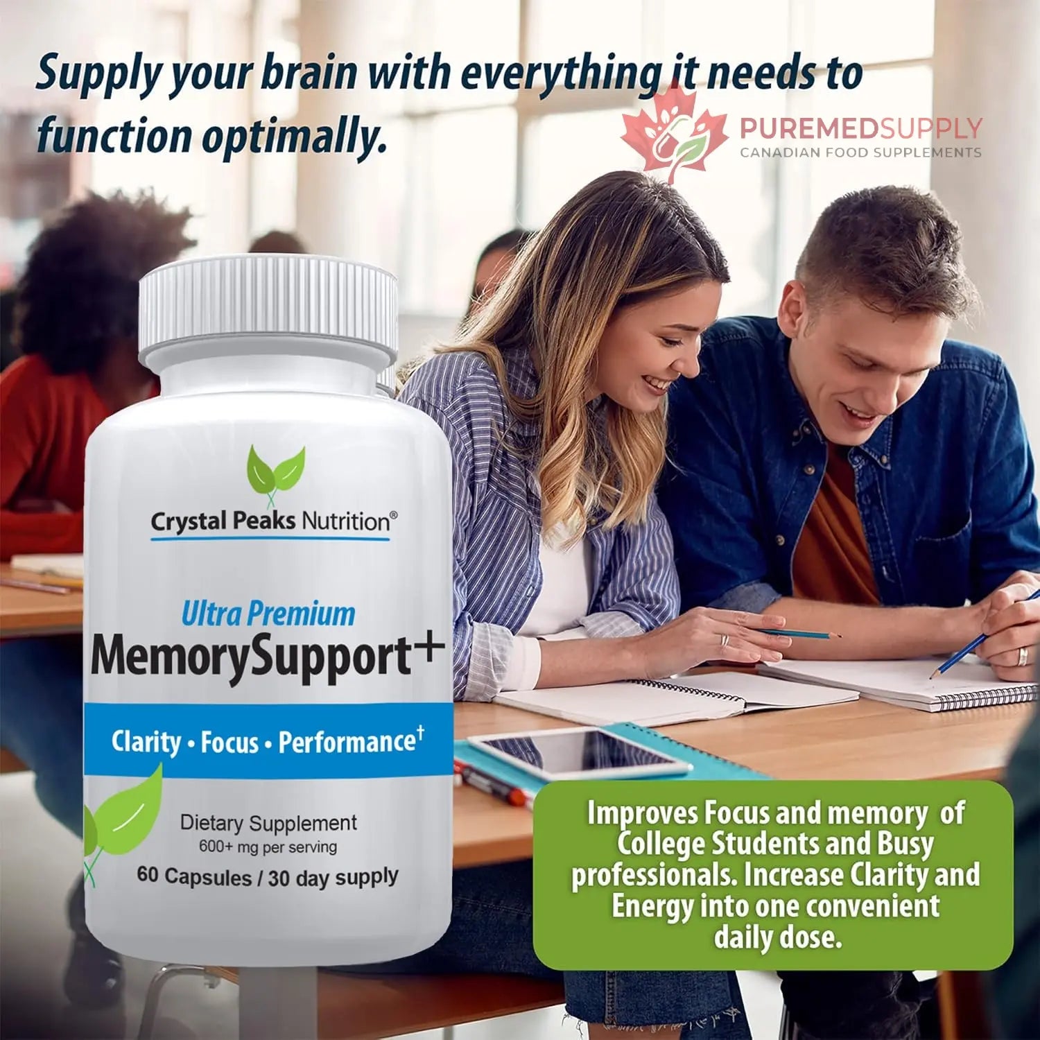 Memory Boost + Brain Support Supplement – Nootropic for Focus, Concentration, Memory. Enhanced Energy, Recall and Alertness - 60 Capsules/30-day Supply. CRYSTAL PEAKS NUTRITION buy supplements canada