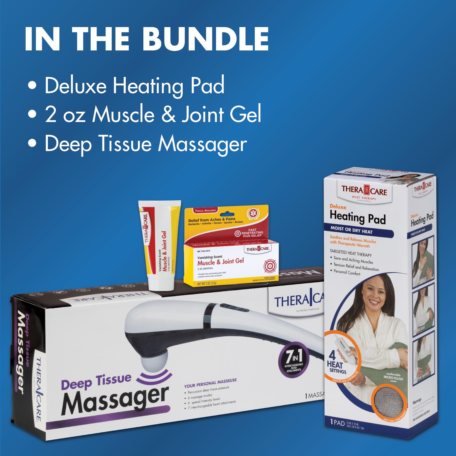 Pain Management Bundle 3-Piece | Personal Deep Tissue Massager | Muscle & Joint Pain Relief Gel | Deluxe Moist Dry Heating Pad | Therapeutic Care at Home | Whole Family Care Thera Care buy supplements canada