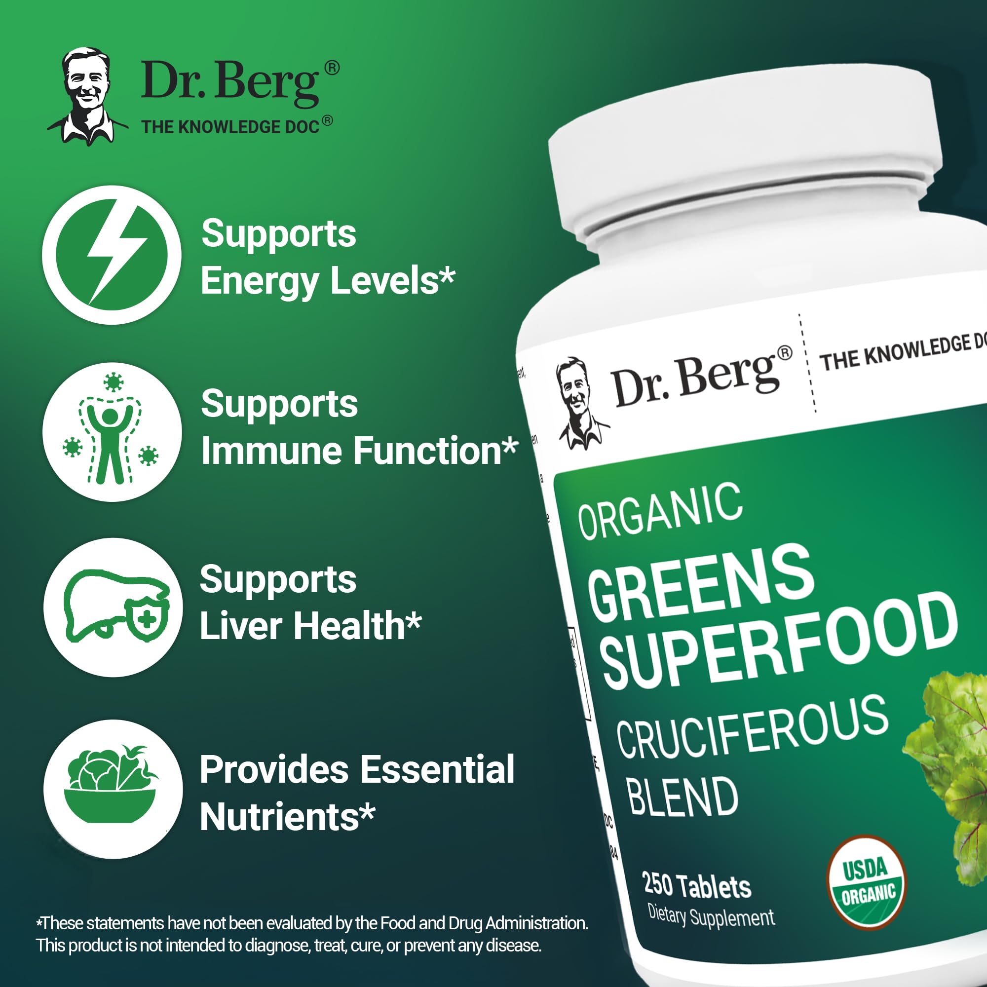 Dr. Berg's Greens Superfood Cruciferous Vegetable Tablets - Vegetable Supplements for Adults w/ 11 Phytonutrient Super Greens Tablets - Energy, Immune System & Liver Veggie Tablets - 250 Tablets Dr. Berg Nutritionals buy supplements canada