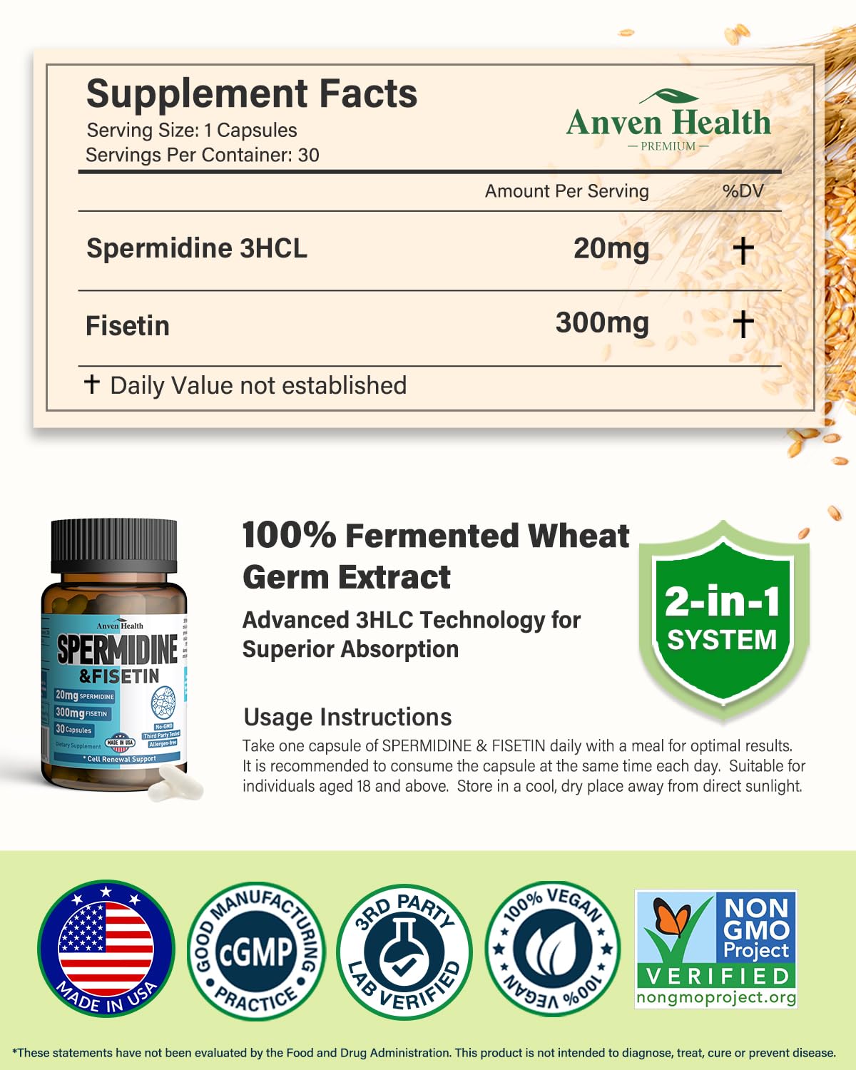 Spermidine & Fisetin Supplement - 20mg of 99% Spermidine Per Serving, 3HCL & 300mg Fisetin for Women Men Cell Renewal, Aging Defense & Longevity, Gluten Free, Non-GMO, Made in USA | 30 Veggie Caps Anven Health buy supplements canada