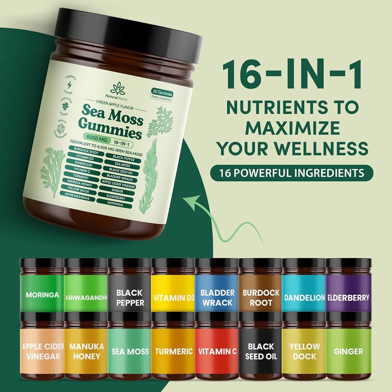 Natural Rems Sea Moss Gummies 16-in-1 - Ashwagandha Black Seed Oil Bladder Wrack Turmeric Vitamin C & D3 with Manuka Burdock Root Dandelion Yellow Natural Rems buy supplements canada