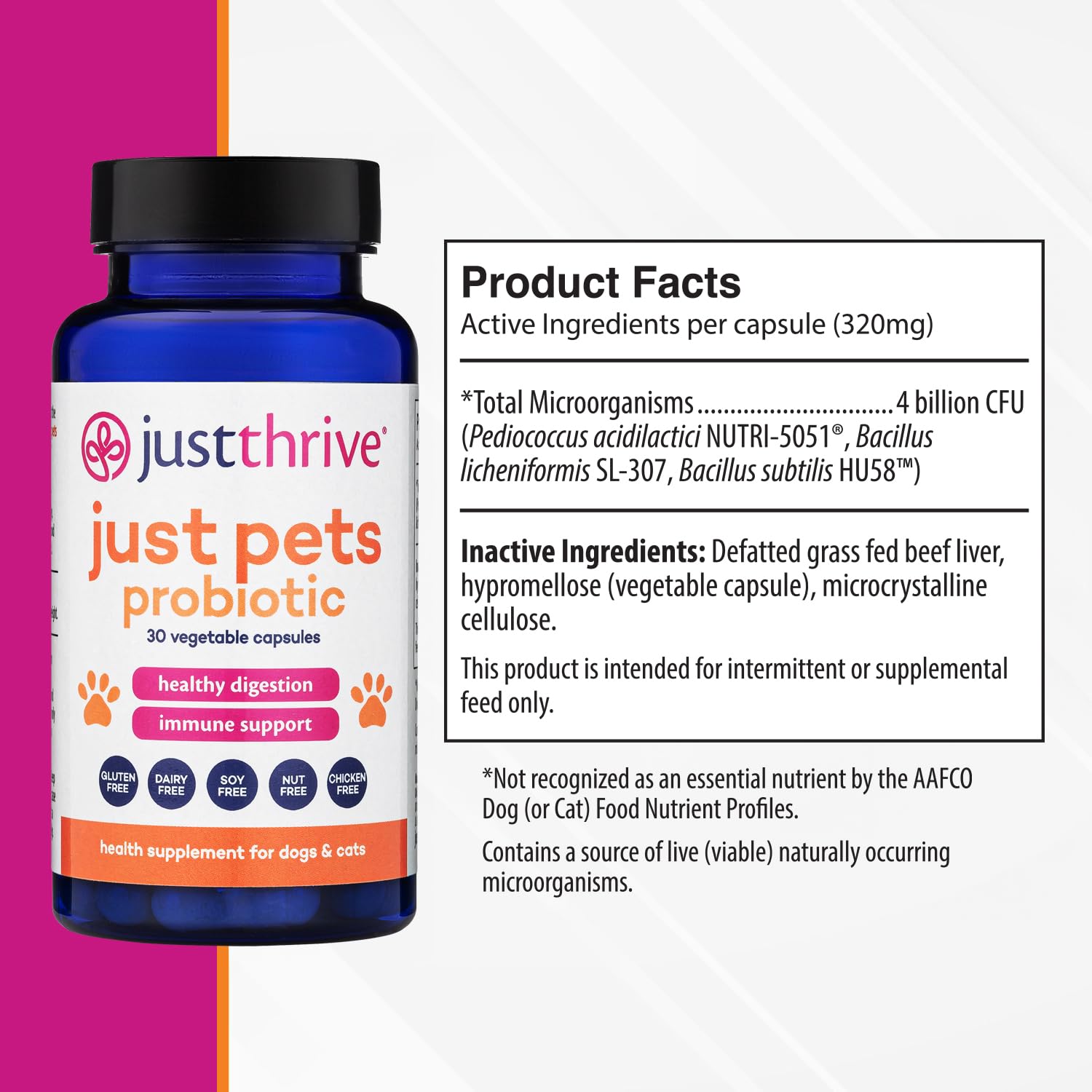 Just Thrive Just Pets Probiotic - Daily Digestive Probiotics for Dogs and Cats - 4 Billion CFUs Pet Probiotic, 30 Capsules Just Thrive buy supplements canada
