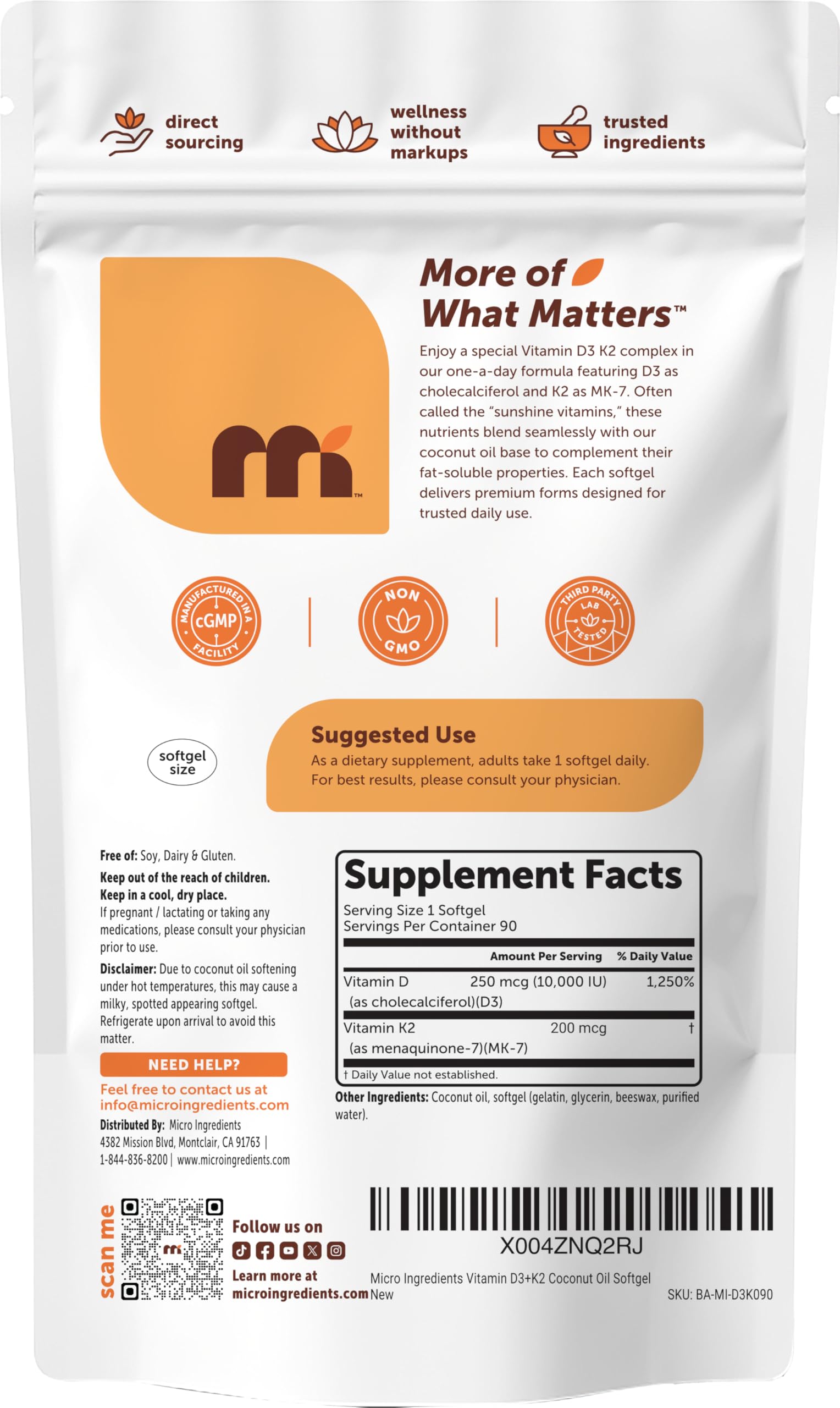 Micro Ingredients Vitamin D3 10,000 IU + K2 MK-7 200 mcg Per Serving, 90 Softgels | Extra Strength* 2-in-1 D3 K2 Supplement Micro Ingredients buy supplements canada