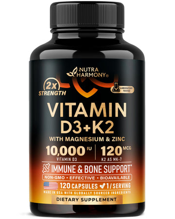 Vitamin D3 K2 - Vitamin D3 10000 iu & K2 as MK-7 120 mcg - Immune & Mood Support, for Bone & Teeth Health - with Magnesium, Zinc & Vitamin C & B12 - Highly Bioavailable NUTRAHARMONY buy supplements canada