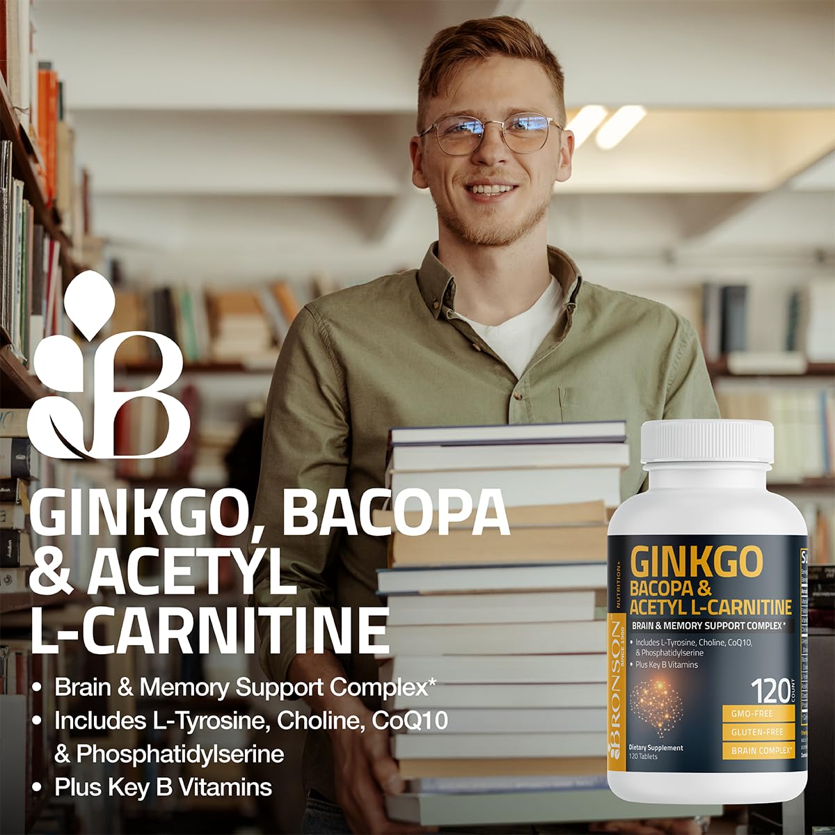 Bronson Ginkgo, Bacopa & Acetyl L-Carnitine Brain & Memory Support Complex with L-Tyrosine, Choline, CoQ10 & Phosphatidylserine Plus Key B Vitamins Non-GMO, 30 Tablets Bronson buy supplements canada