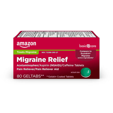 Amazon Basic Care Migraine Relief Geltabs, Pain Reliever, Acetaminophen 250 mg, Aspirin 250 mg (NSAID) and Caffeine 65 mg, Headache Relief, 80 Count Amazon Basic Care buy supplements canada