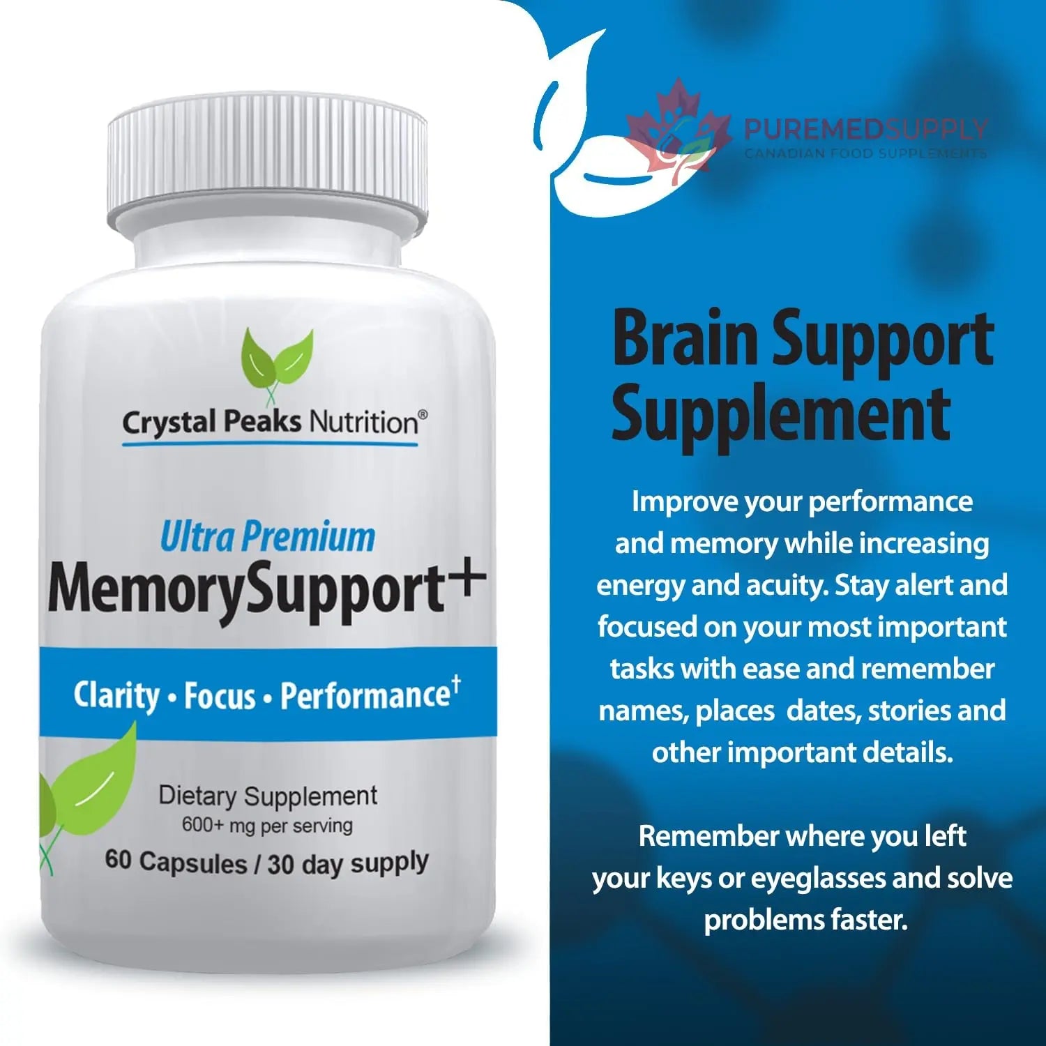 Memory Boost + Brain Support Supplement – Nootropic for Focus, Concentration, Memory. Enhanced Energy, Recall and Alertness - 60 Capsules/30-day Supply. CRYSTAL PEAKS NUTRITION buy supplements canada