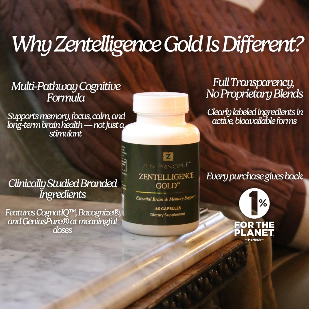 Zen Principle Zentelligence™ Gold Brain Supplement – Memory, Focus & Mental Clarity. Premium Cognitive Support for Adults 40+ with Magnesium, Vitamin D3, CoQ10, Vitamin B12 & L-Theanine. 60 Capsules Zen Principle buy supplements canada