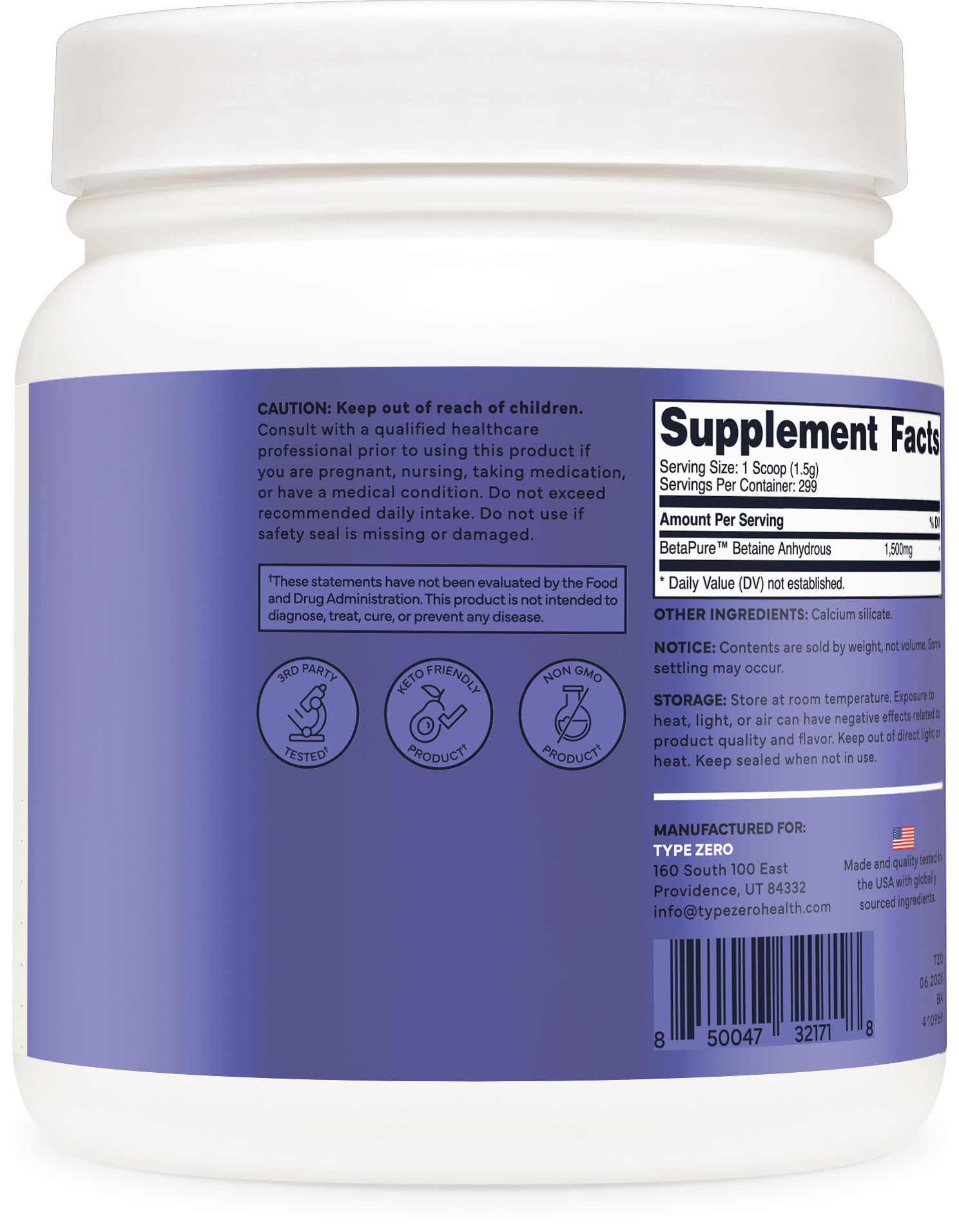Type Zero Betaine Anhydrous Powder (1 LB) Unflavored - Clean Betaine Anhydrous Supplement, TMG, Trimethylglycine, 1,500mg Per Serving, Keto, GMO-Free Type Zero buy supplements canada