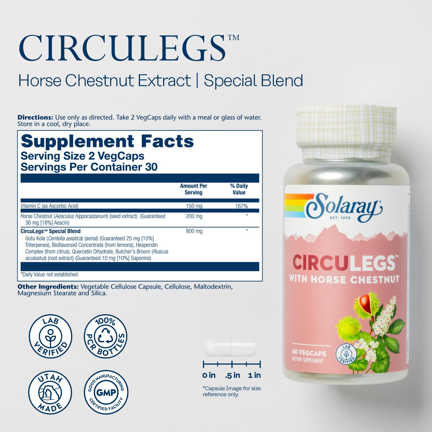 SOLARAY Circulegs - Herbal Supplements for Wellness Support w/Horse Chestnut Extract and Vitamin C, Plus Gotu Kola, Flavonoids, Hesperidin Blend - Vegan, Gluten Free, 60-Day Guarantee - 30 Servings SOLARAY buy supplements canada