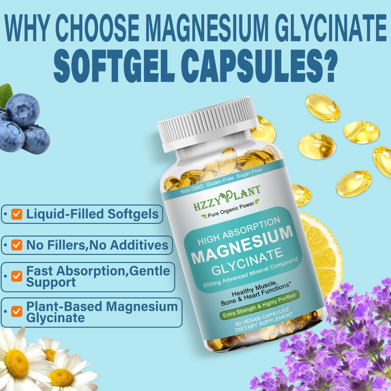 Magnesium Glycinate 500mg Softgels, High Absorption Magnesium Supplement Softgel Capsules for Muscle, Heart, Sleep & Bone Support, Stress Relief, Nerve Health & Metabolism, Non-GMO, 2 Month Supply HZZYPLANT buy supplements canada