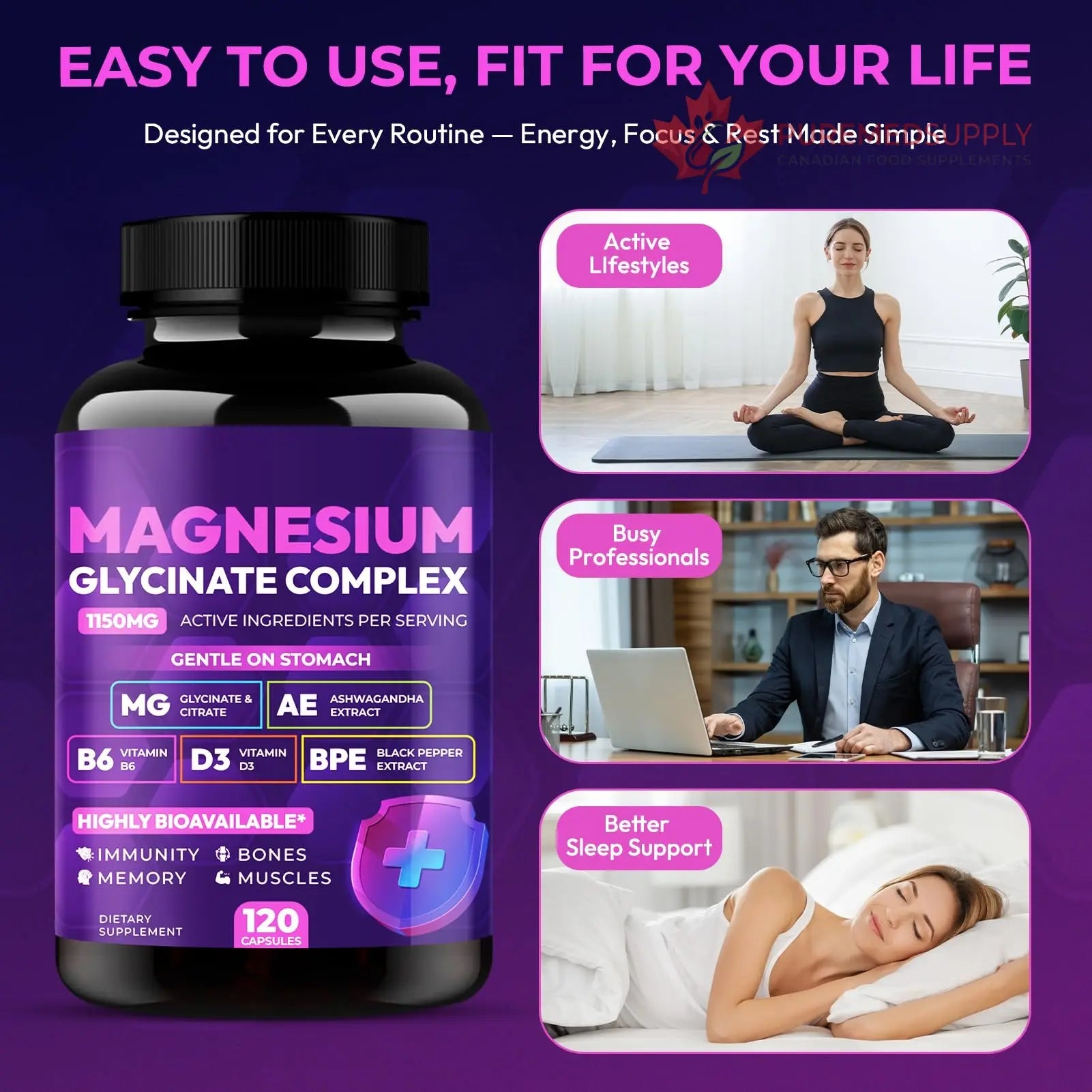 Magnesium Glycinate Complex 1150mg - Gentle on Stomach High Absorption Magnesium Capsules with Citrate, Silica, Ashwagandha & Vitamin B6 for Zzz, Stress Relief, Muscle Support for Adults, Women & Men Cytona buy supplements canada