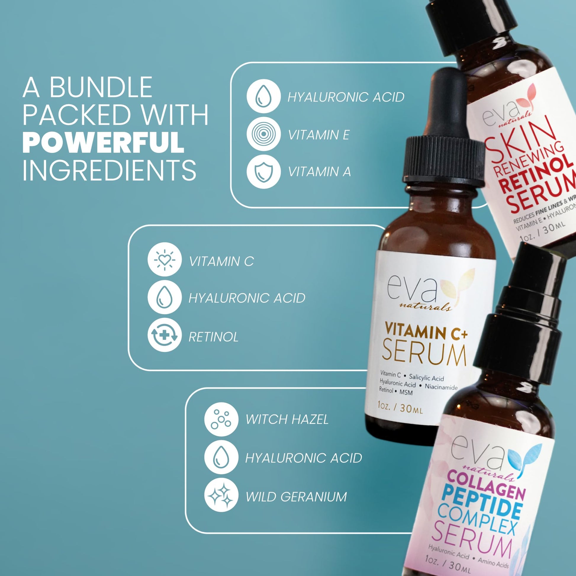 Eva Naturals Trifecta Face Serum Set – Retinol, Vitamin C & Peptides with Hyaluronic Acid & Niacinamide – Anti-Aging Skincare Bundle for Women Eva Naturals buy supplements canada