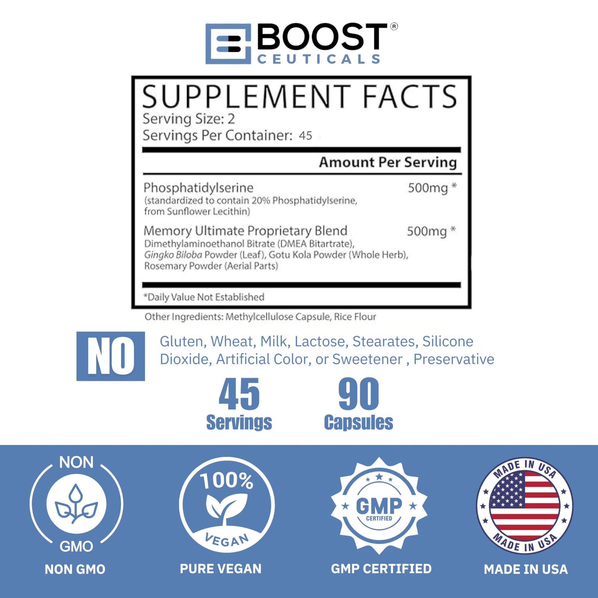 BoostCeuticals Phosphatidylserine 100mg with Ginkgo DMAE Gotu Kola - Memory, Stress & Cortisol Support, Cognitive Focus, Sleep Health, Brain Function Supplement, 90 Capsules BoostCeuticals buy supplements canada