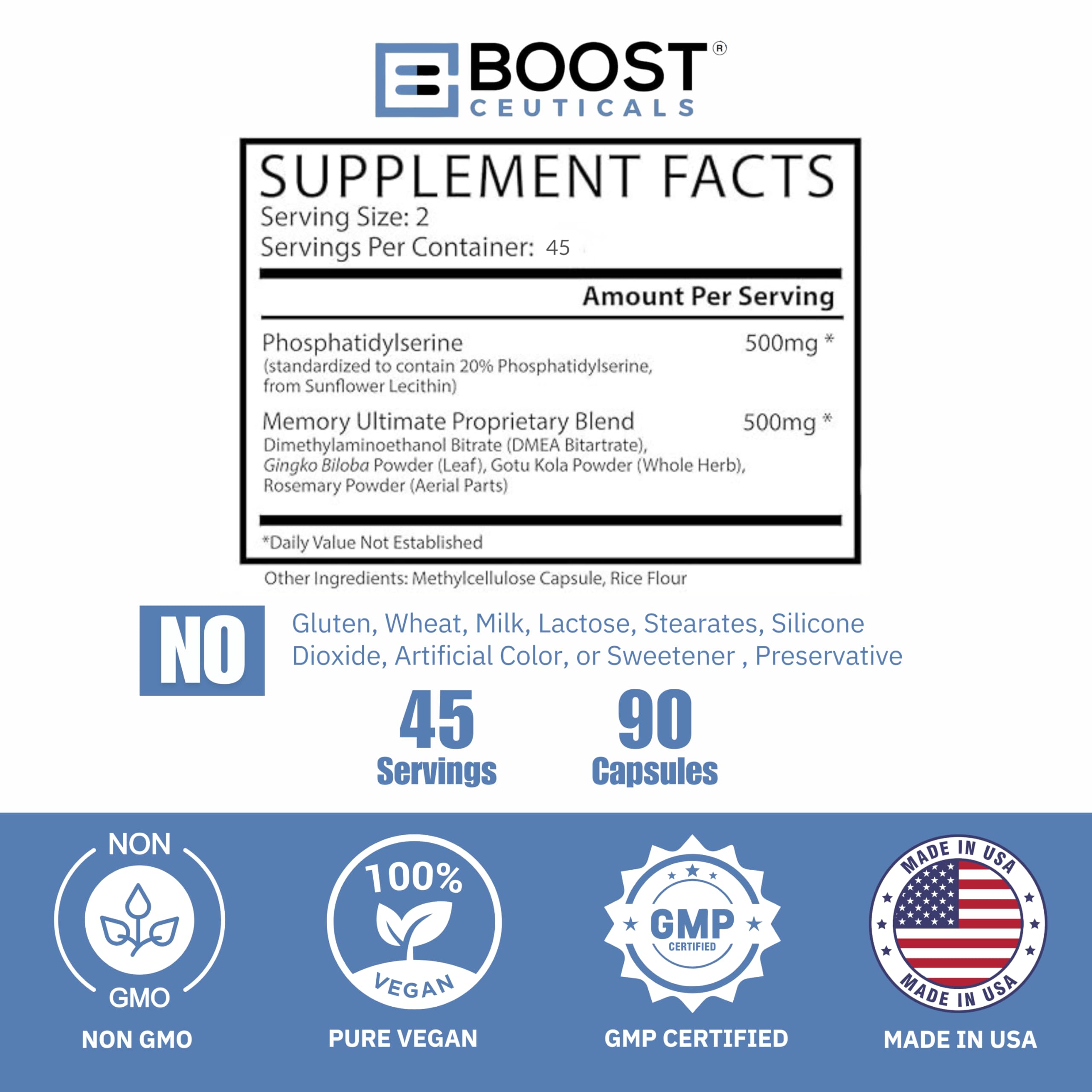 BoostCeuticals Phosphatidylserine 100mg with Ginkgo DMAE Gotu Kola - Memory, Stress & Cortisol Support, Cognitive Focus, Sleep Health, Brain Function Supplement, 90 Capsules BoostCeuticals buy supplements canada